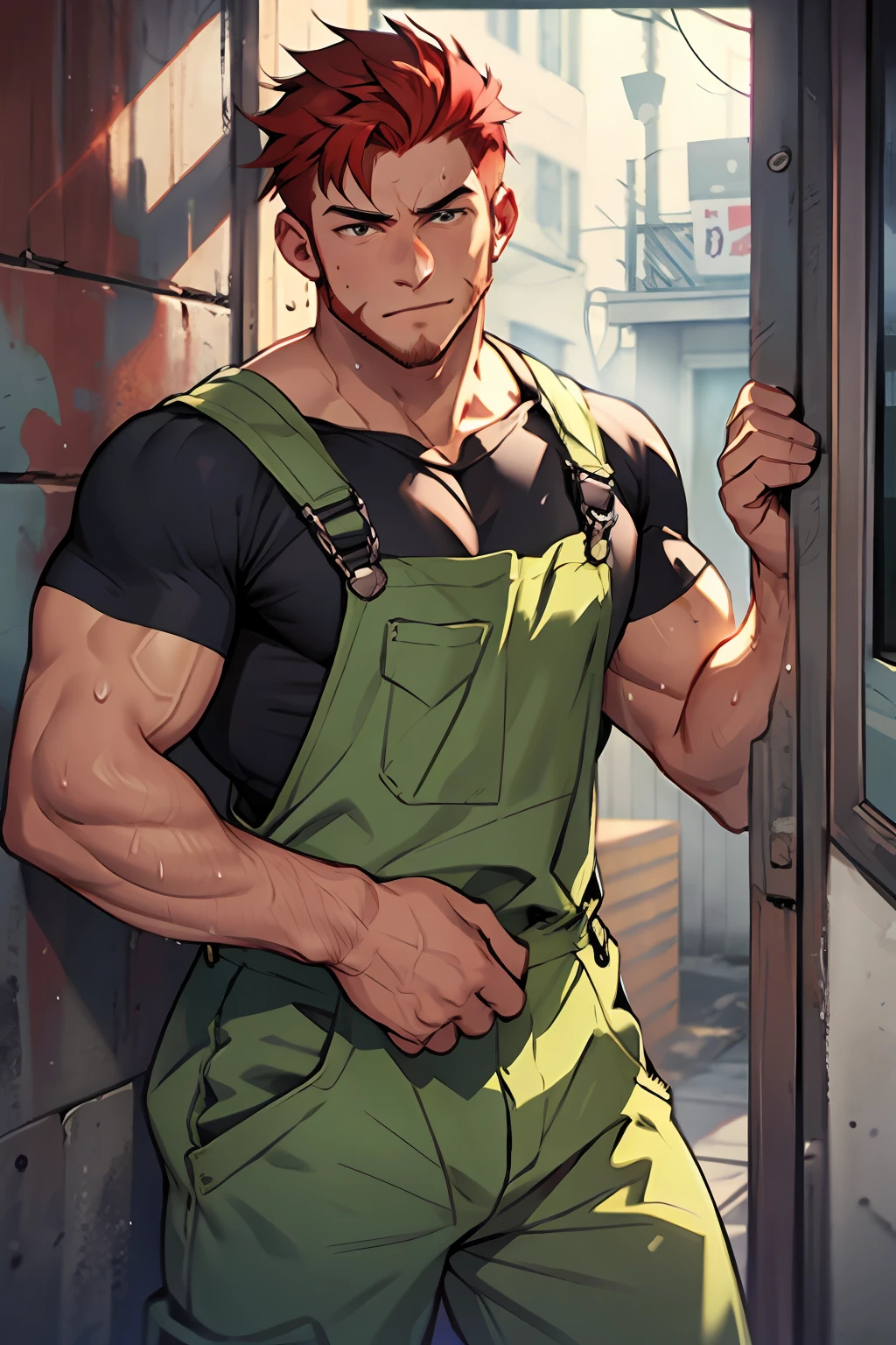 Male, masculine, hirsute, sweat, overalls, red hair, bara