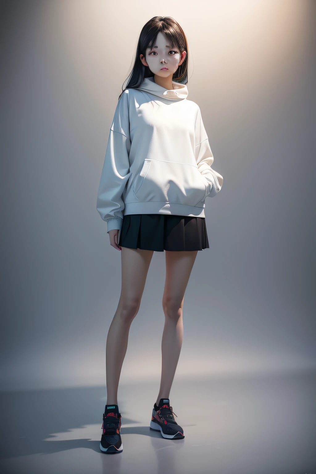 Full body photo of Chinese female model,Wear a comfortable sweatshirt,Stand in front of a white background,portrait photo of an,The Canon EOS R5 camera with a standard lens shoots from a low angle,Capture the model's entire outfit,Show her height of 165。