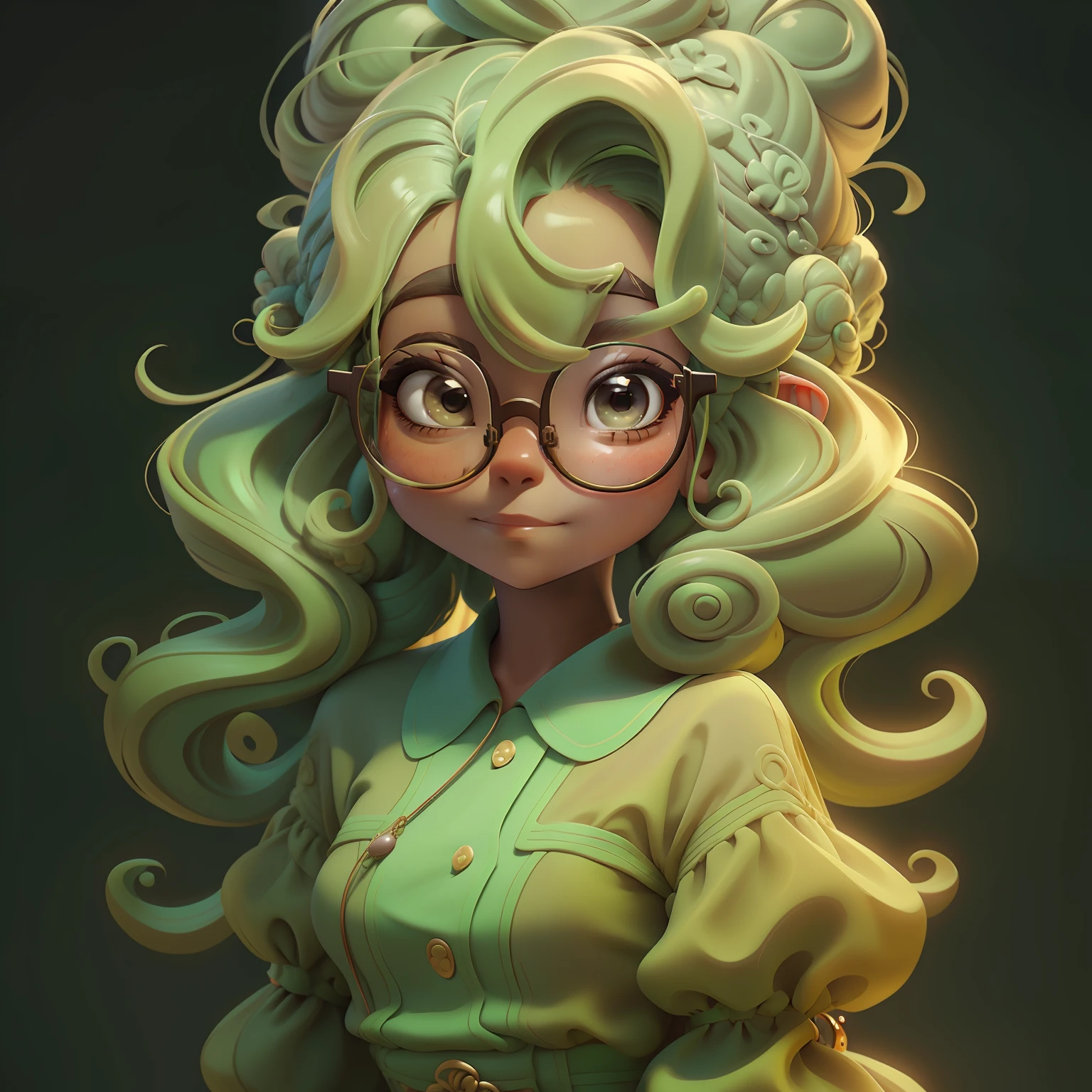 menina lama, (lama), Slime hair Penteado duplo buns estilo de cabelo, chocolate, castanho, eyeglass, Vestido branco da princesa com cinto da arma, master part, best quality