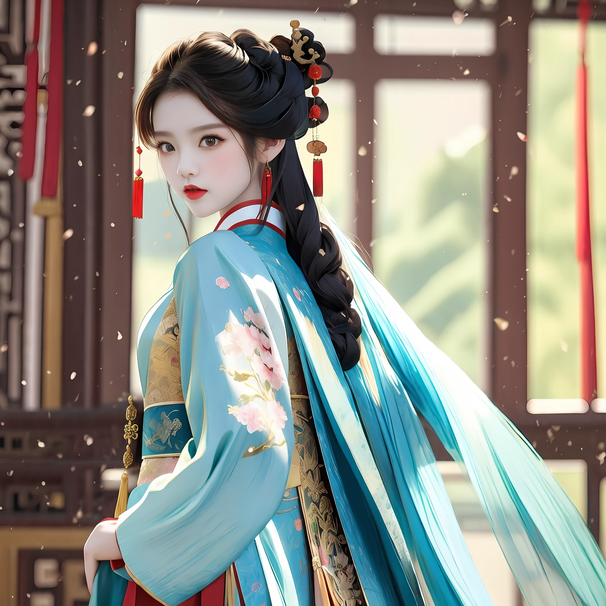 An Araki woman in a red Hanfu leans against the wall, Palace ， A girl in Hanfu, Wearing ancient Chinese clothes, with acient chinese clothes, Princesa chinesa antiga, a beautiful fantasy empress, Hanfu, Chinese costume, Traditional Chinese clothing, inspired by Gu An, Guviz-style artwork, White Hanfu, Beautiful character painting, Chinese style