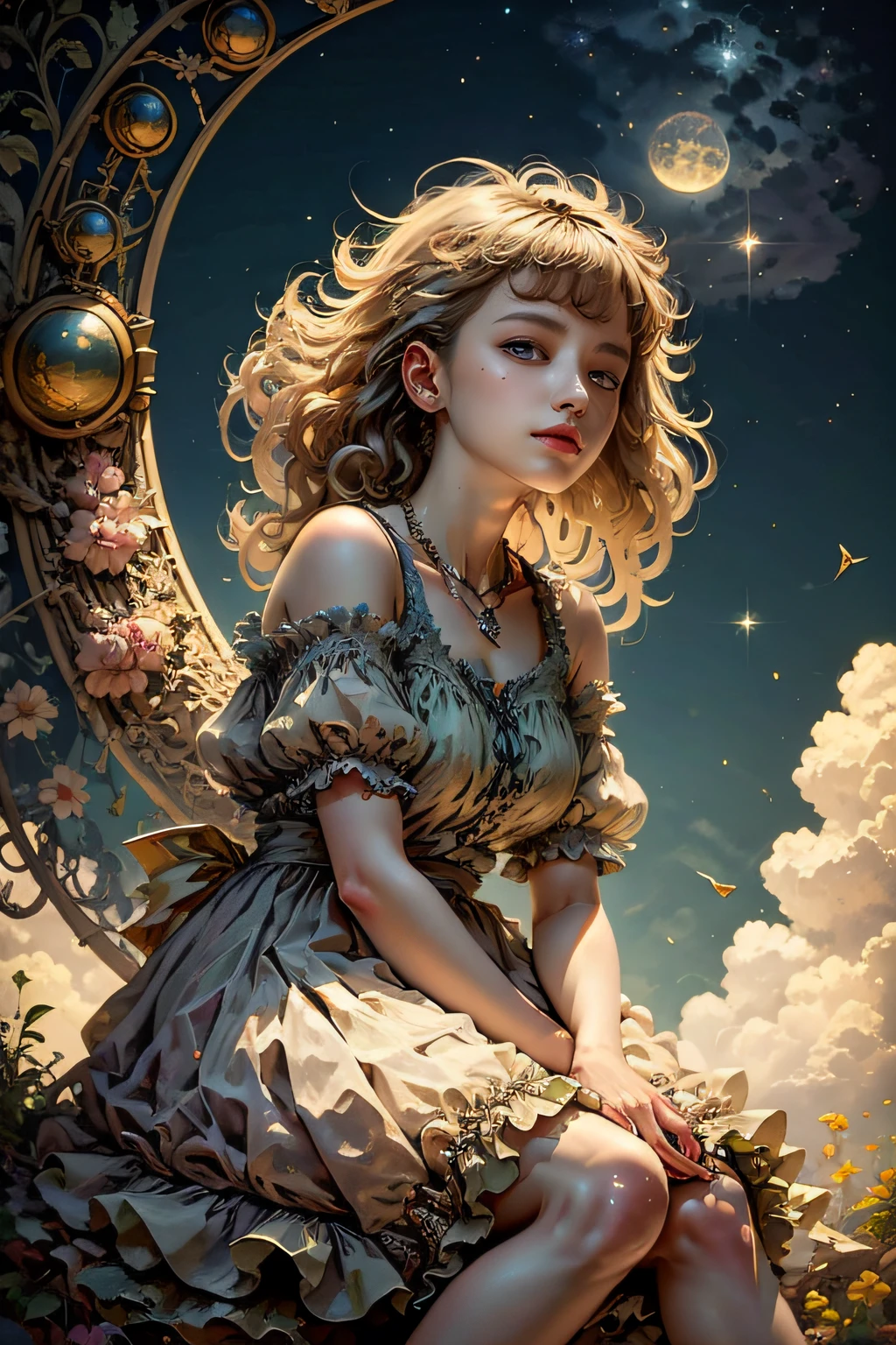 ((Top Quality, 8k, Masterpiece: 1.3)), 1 girl, JAPANESE, Beautiful woman with slender abs: 1.3, (Highlight haircut, Breast d-cup: 1.2), a girl, charming, short white dress, cute, (sitting moon), moon, stars, clouds, masterpiece, best quality, (masterpiece,best quality:1.5), masterpiece,ultra realistic,32k,extremely detailed CG unity 8k wallpaper, best quality,(summer day ),lady ,necklace ,eardrop, Barcelona, Spain, ( leopard print Mixing and matching different shades of the same color ) , streaked hair hair Side-swept bangs ,