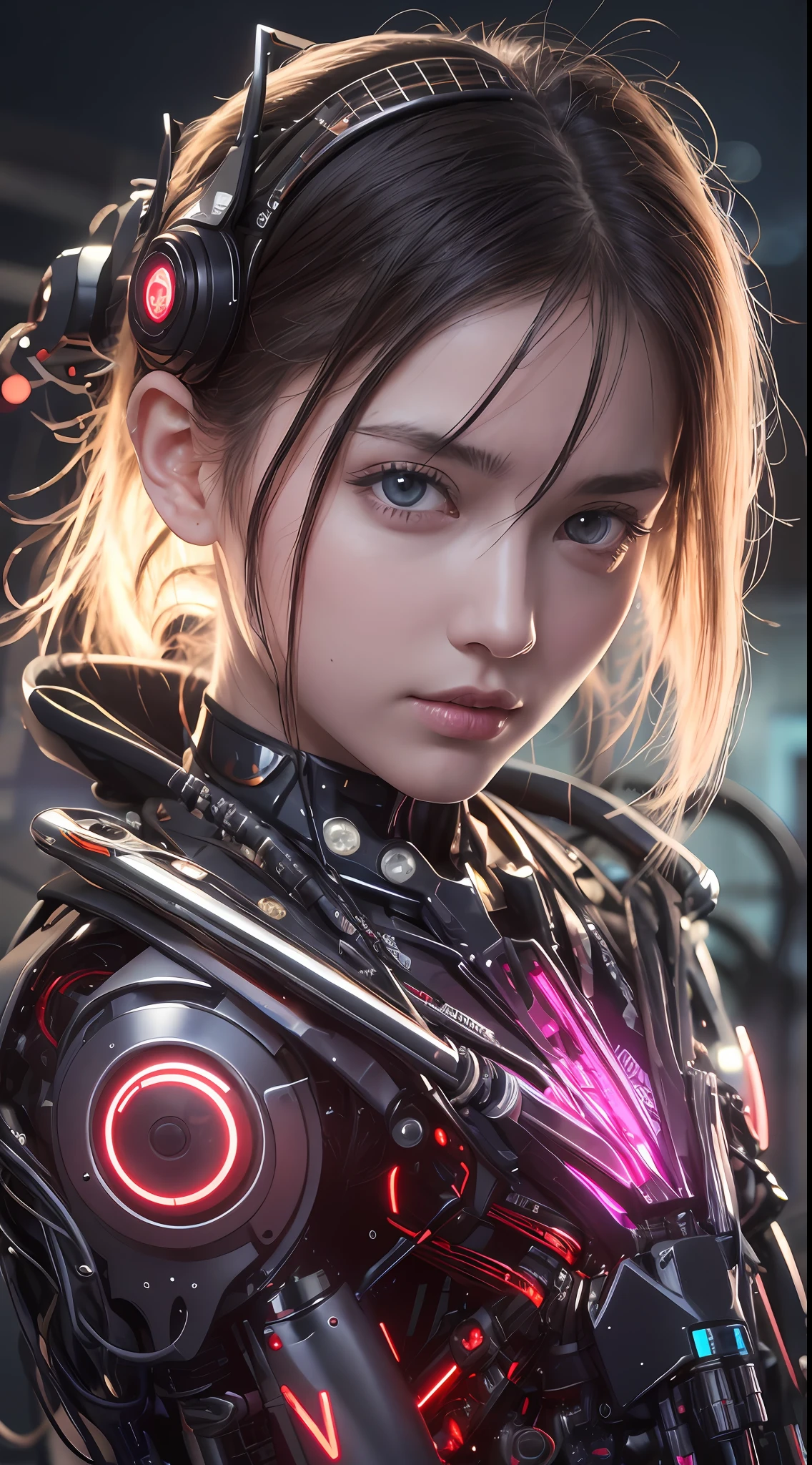 （tmasterpiece， best qualtiy， beuaty girl， Nice face：1.2）， in a panoramic view，wide angles， 8K，RAW photogr， Incredibly Ridiculous res， ， View viewer，  Face light， filmgrain， color difference， Sharp focus， 动态照明， cinmatic lighting， best qualtiy， tmasterpiece， hyper HD， （realisticlying： 1.4）， RAW photogr， 1 rapariga，  Glossy glossy skin， 1 Cyberpunk Girl， （（（hyper realistic detailed））， sportrait， globalillumination， shadowing， rendering by octane， 8K， Super sharp， Glow skin， Realistic skin，The groove exposes the original skin， metals， Intricate decorative details， Evangelion details， very complex details， realistic raytraicing， CGSoation trends， Purple eye， glowing light eyes， facing at the camera， neon light detail， Mechanical limbs， blood vessels attached to the tube， A mechanical vertebrae attached to the back， mechanical cervical attachment to the neck， sitted，Wires and cables are connected to the head，Electronic board，Digital circuits，CPU，Many small LED lights，The background is a futuristic server room，