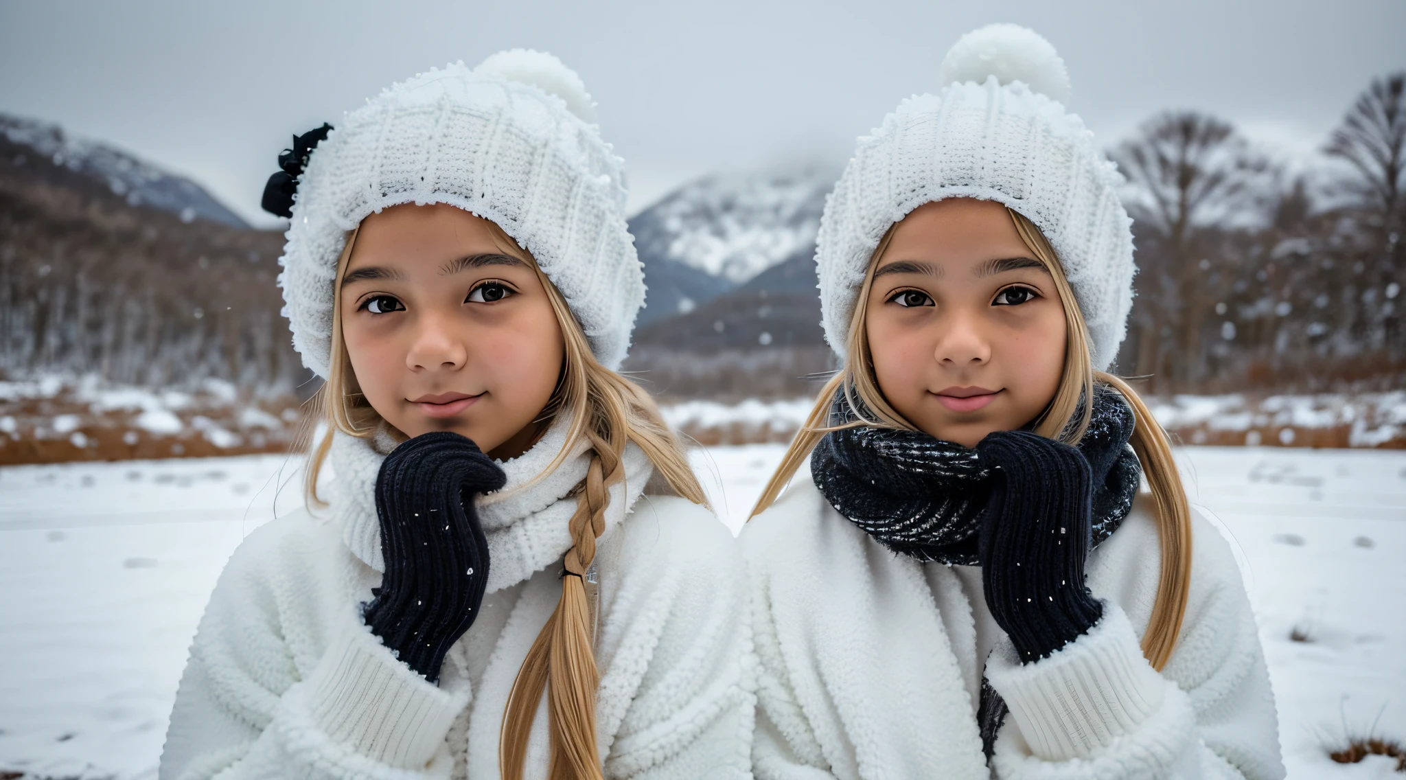 GIRL BLONDE CHILD with long hair wearing WHITE sweater and BLACK ear warmers, sonolento, wearing fluffy black scarf, doente com um frio, frio, , um frio, franja fofa, com pele fofa branca, orelhas, sonolento rosto modelo de moda, triste, twintails white_gloves, pele fofinha, adolescente, noites frias congelantes, inverno frio, orelhas pretas