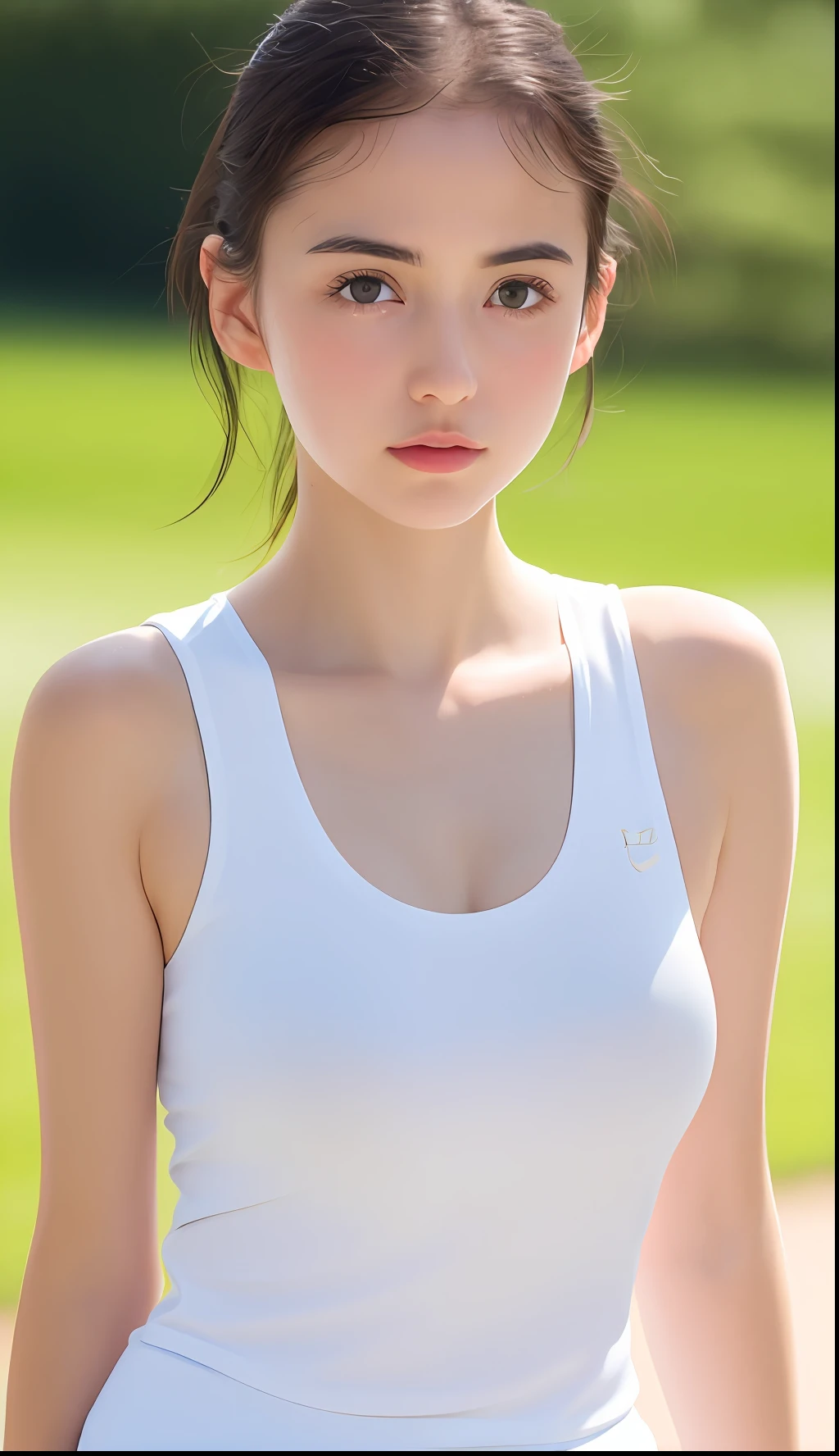 1girl, solo, white polo shirt, white sneakers, tennis wear, white miniskirt, masterpiece, best quality, realistic, hyper-detailed, (shiny skin, sweaty:1.4), absurd, looking at viewer, short black hair, brown eyes, slender, dynamic lighting, high resolution, sharp focus, depth of field, detailed eyes, sharp pupils, realistic pupils, (small breasts:1.6), (thick thighs:1.0), outdoor, sky