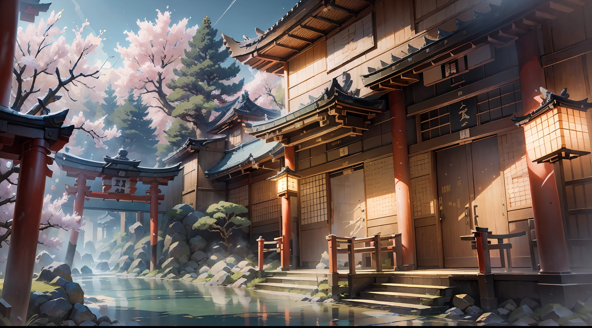 (((8K HD resolution-textured))), perfect, aesthetic, abstract, no modernity, ethnic, authentic, dynamic lightning, ((canvas-texture)) japanese edo period, there's a temple and sakura trees, there's a big and tall flat old rock ((japanese traditional ancient mural on the rock)), ((super ultra texture)), deep, sharp detail