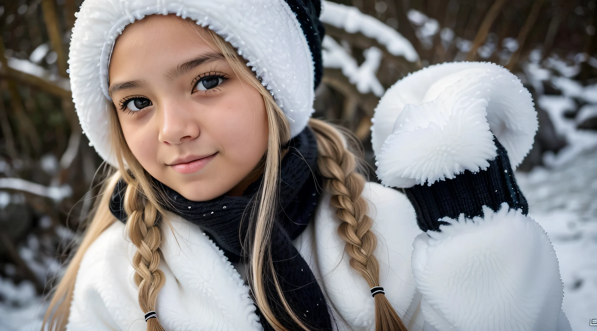 GIRL BLONDE CHILD with long hair wearing WHITE sweater and BLACK ear warmers, sonolento, wearing fluffy black scarf, doente com um frio, frio, loli, um frio, franja fofa, com pele fofa branca, orelhas, sonolento rosto modelo de moda, triste, twintails white_gloves, pele fofinha, adolescente, noites frias congelantes, inverno frio, orelhas pretas