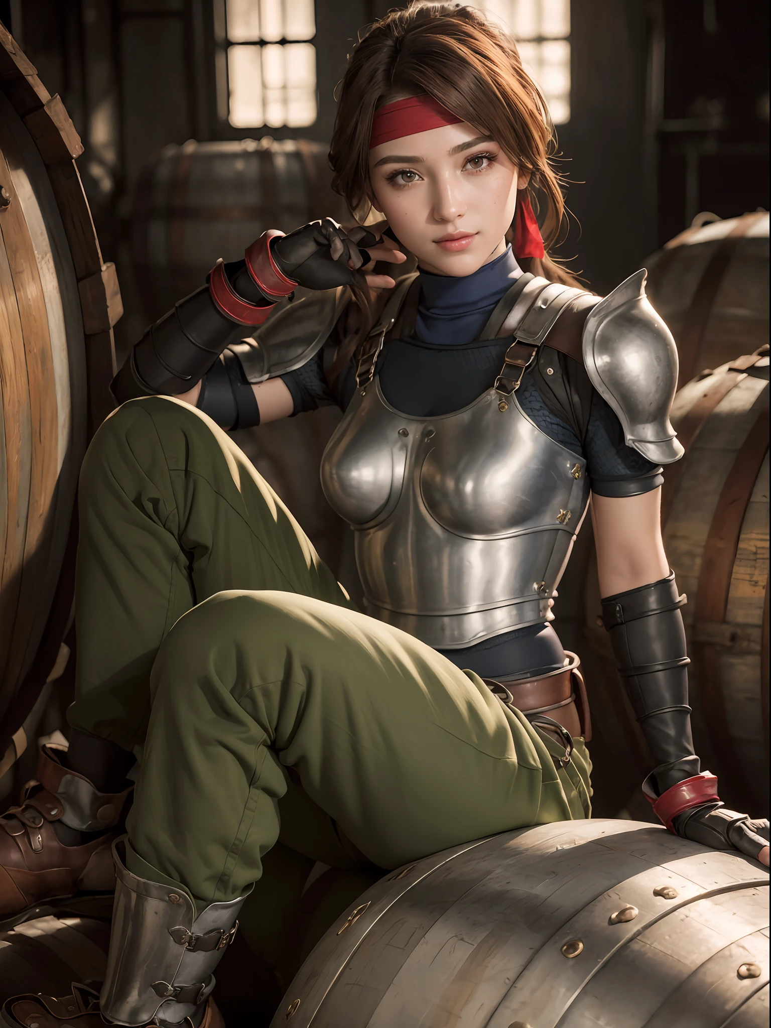 (masterpiece, best quality:1.4), (full body:1.5), (sitting on a big metalic barrel:1.2), 1girl, solo, (european youth:1), jessie rasberry, headband, armor, blue bodysuit, belt, fingerless gloves, green pants, boots, full body, looking at viewer, sexy smile, beautiful face, highly detailed face, highly detailed skin, skin pores, in a metallurgy fabric, subsurface scattering, realistic pupils, small breast, full face blush, full lips, detailed background, depth of field, volumetric lighting, sharp focus, absurdres, realistic proportions, good anatomy, (realistic, hyperrealistic:1.4), 16k hdr,