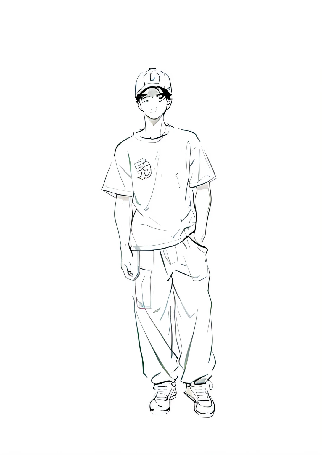 Painting of a man wearing a baseball cap and pants, Outline sketch, contour drawing, clean anime outlines, full body drawing, Outlined!!!, Full body character drawing, clean lineart, !!Full body portrait!!, full-body view, full body portrait of a short!, outline art, clear outfit design, Full body illustration, lineart behance hd, Casual pose