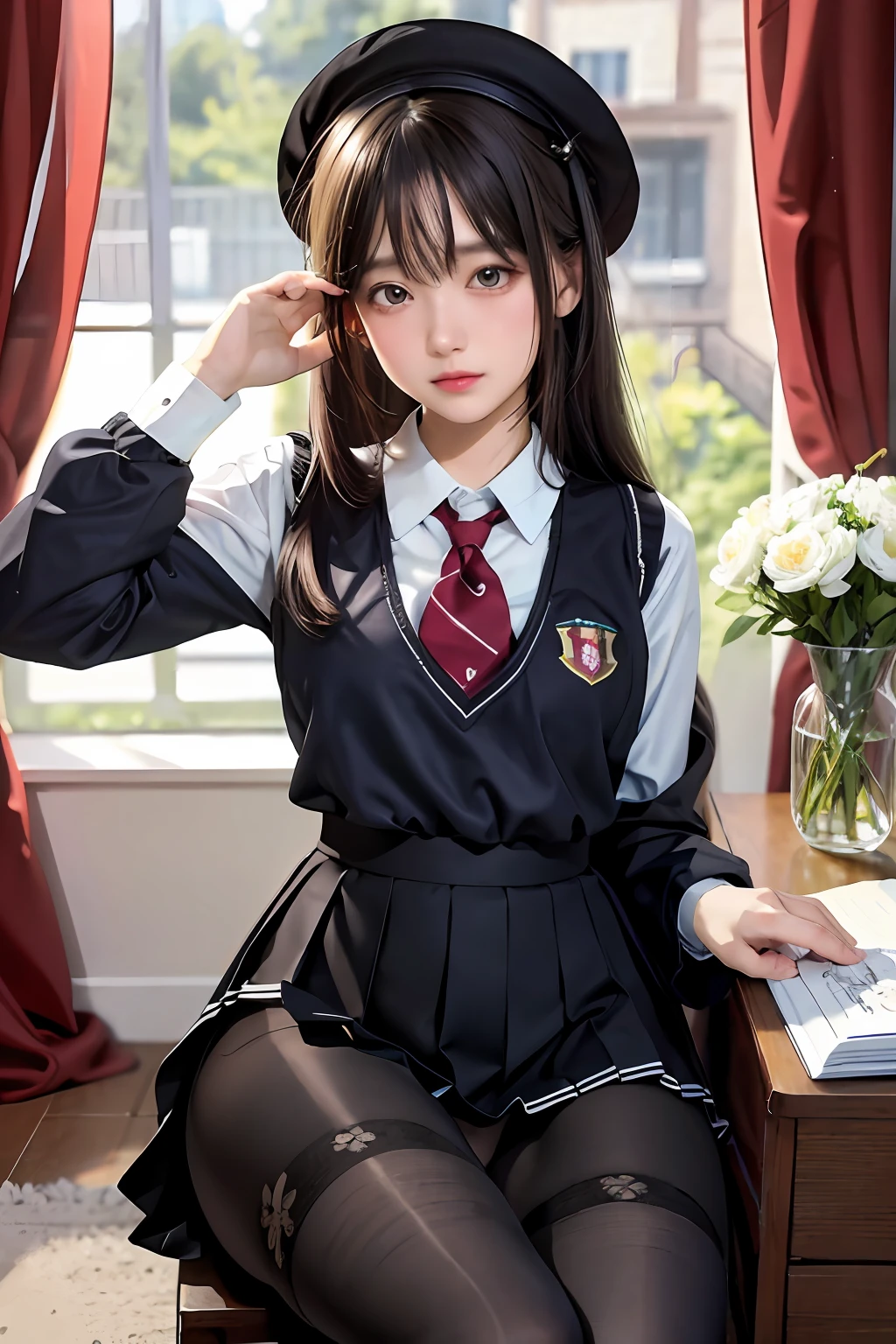 (best quality, super detailed, illustrations, masterpieces), curtains, tights, 1 girl, school uniform,