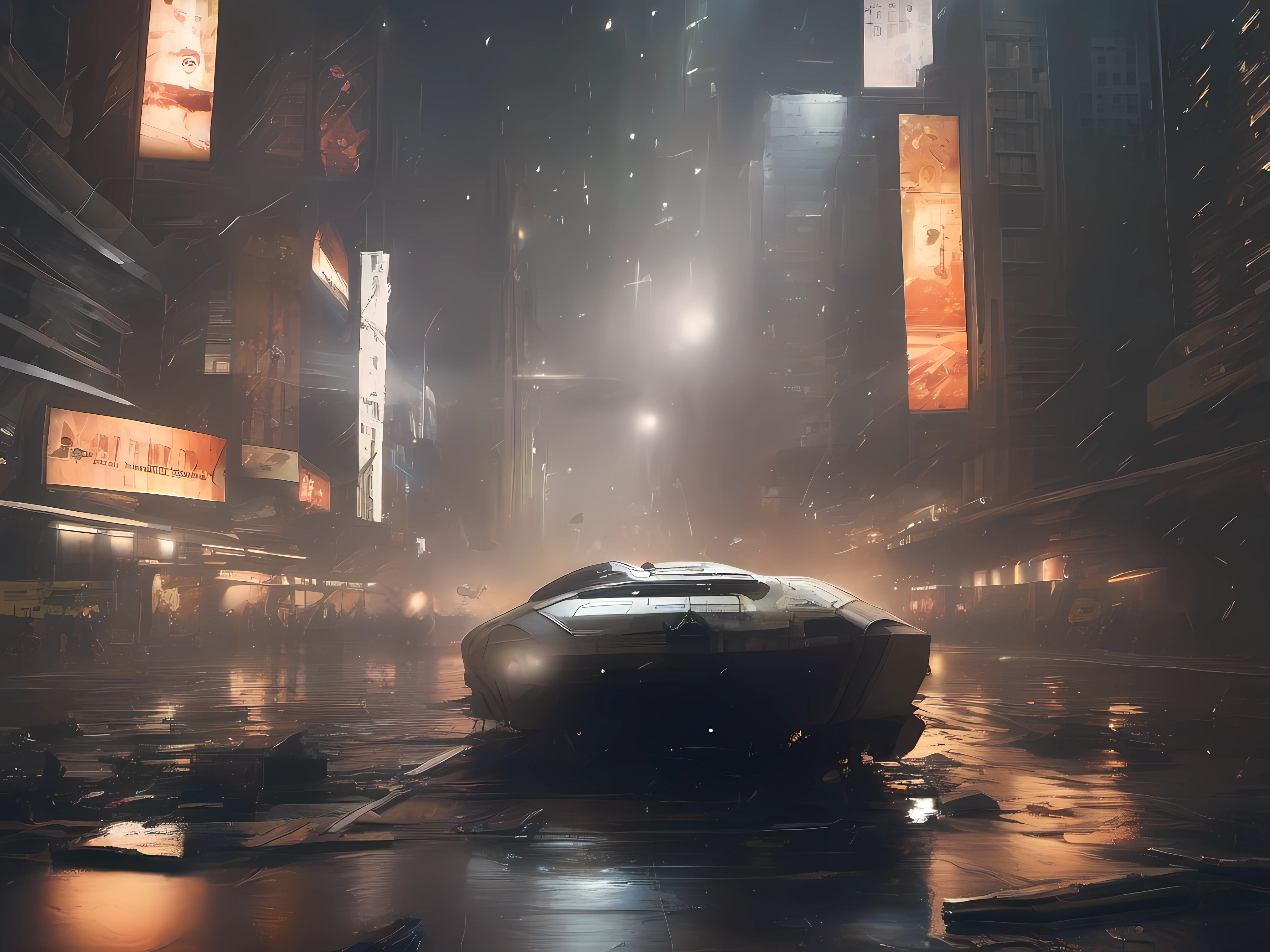 in the far future, late at night in the city, everything illuminated by artificial lights, raining heavily, low to high angle POV, a sleek-looking spacecraft falling out of the sky and crashing into the city street, slamming down, sparks every where, motion shot, door on side of spacecraft has flung open and ejected passengers are tossed like ragdolls into the air, sci fi theme, realistic, ray tracing, moody