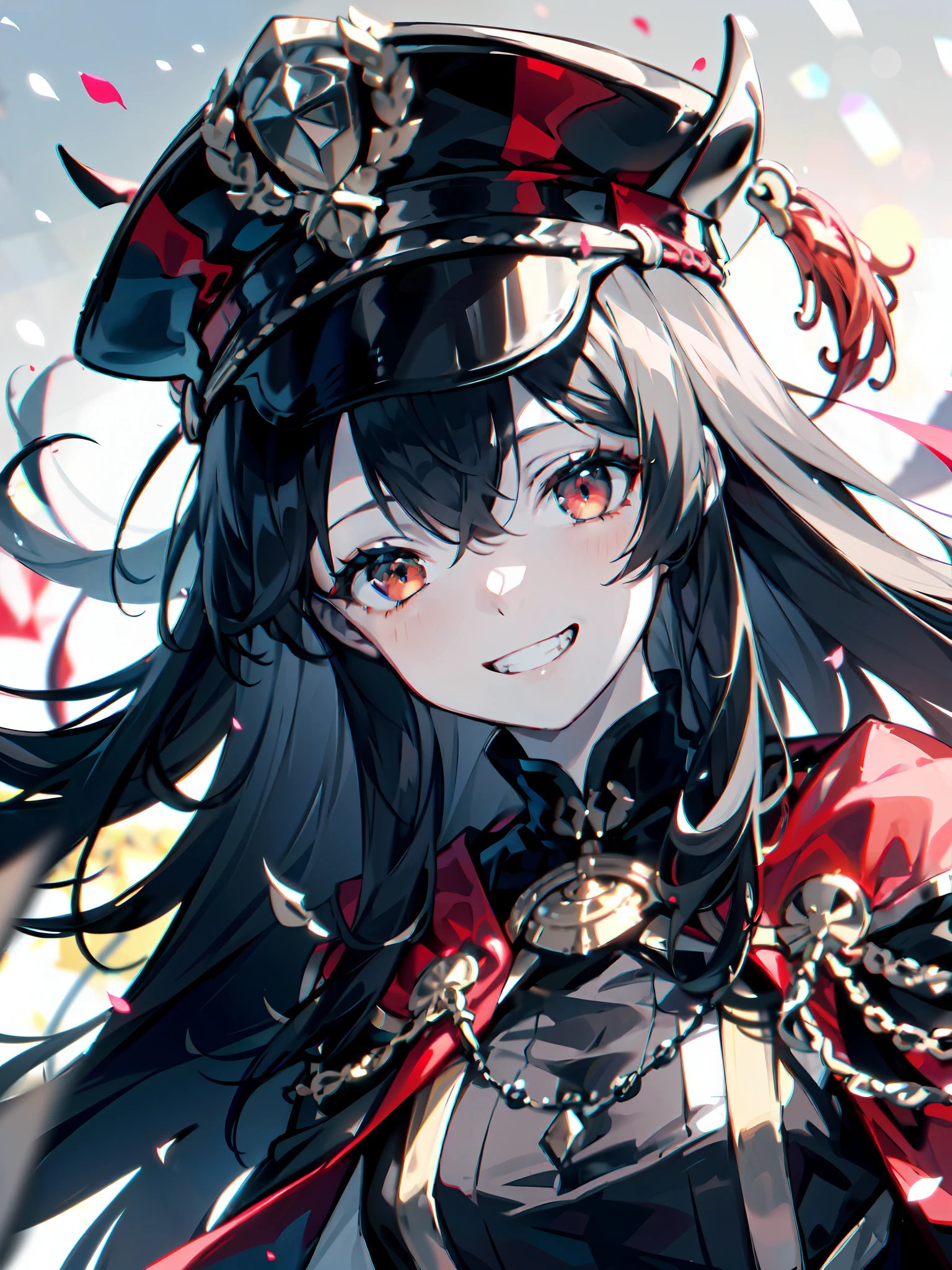 ((masterpiece)), slim, ((pale skin)), (bokeh effect), (dynamic angle), (blurry background:1.3), (female:1.3), 1girl, bangs, (black_hair:1.1), (black_headwear:1.2), grin, (hat:1.2), (long_hair:1.2), smile, (solo:1.3)