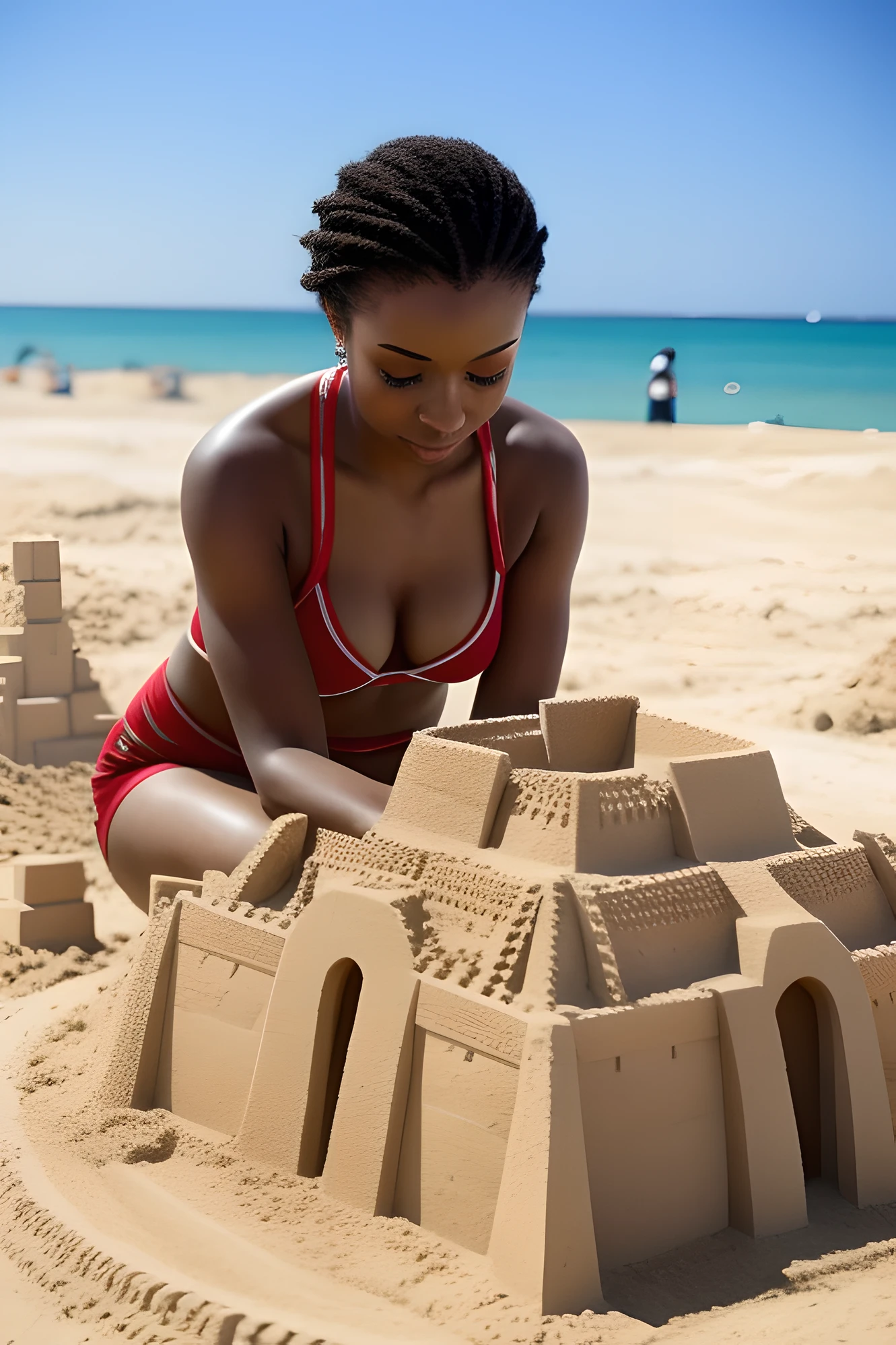 A beautiful woman building a sandcastle in a contest