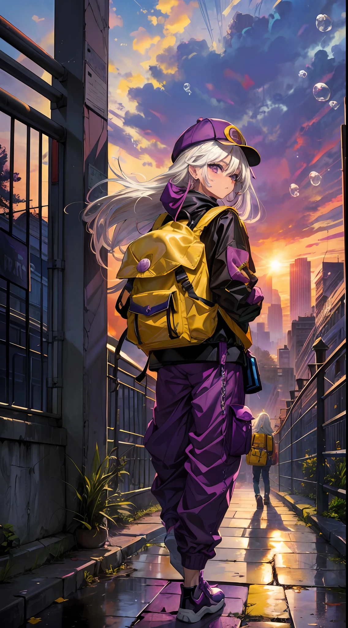 (Masterpiece), (Best Quality), (Extra Detail: 1.4), (Long white Hair), (Purple Eyes), (Bubble Gum), (Hip Hop Style), Purple Hat, long pants (Carrying Yellow Backpack),standing close up Iron Fence,  One Hand Hanging Between Your Feet, the Other on Your Cheek, and the Sun Rising from Behind, city background