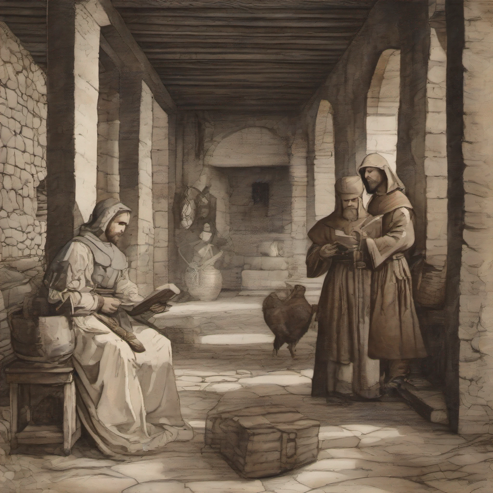 ferreiro medieval trabalhando nas sombras, rosto coberto e misterioso