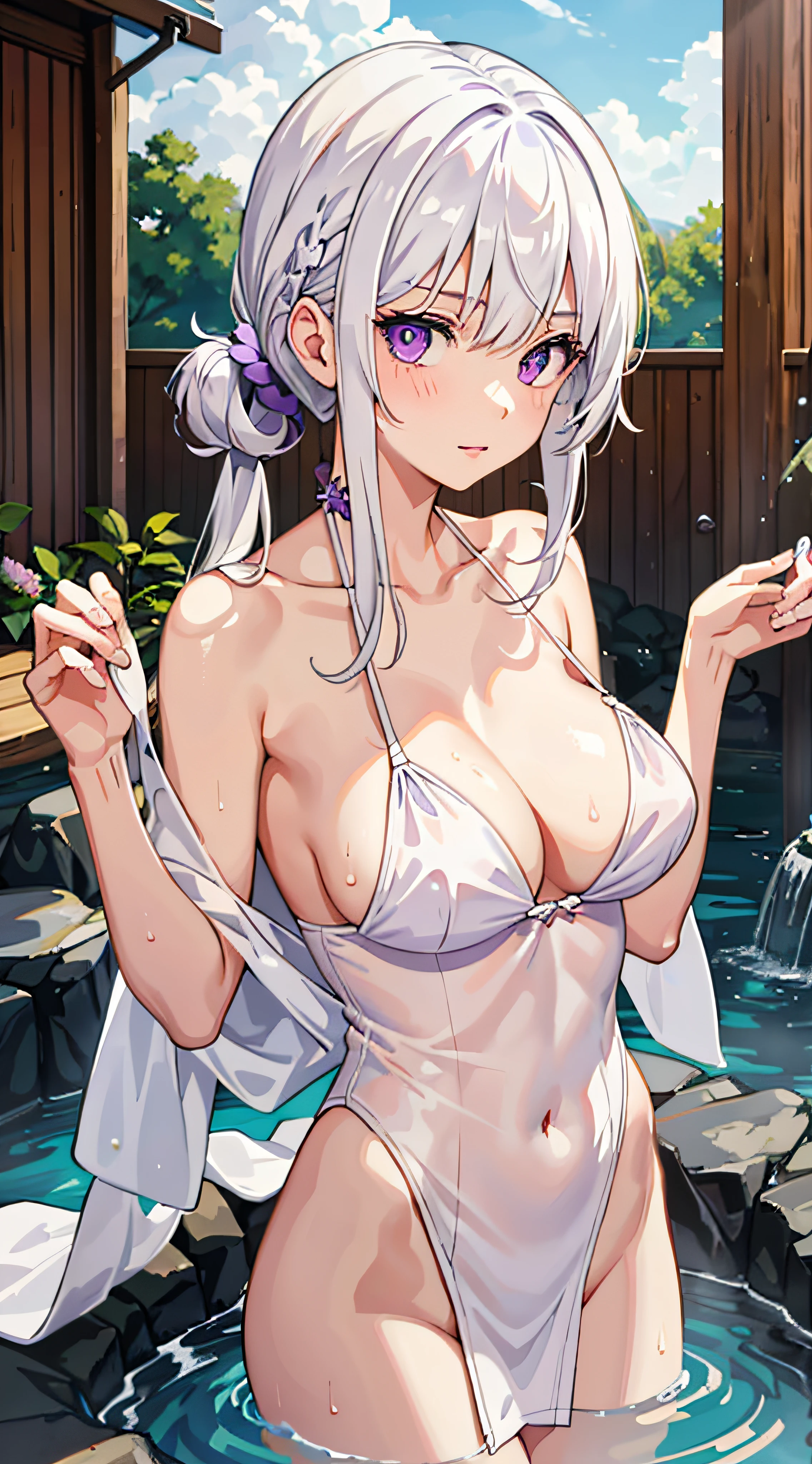 1girl, White hair, Purple eye, sportrait, photorealestic, Towels, (onsen), sidelighting, wallpaper, nsfw,Naked female big breast,90%Transparent underwear