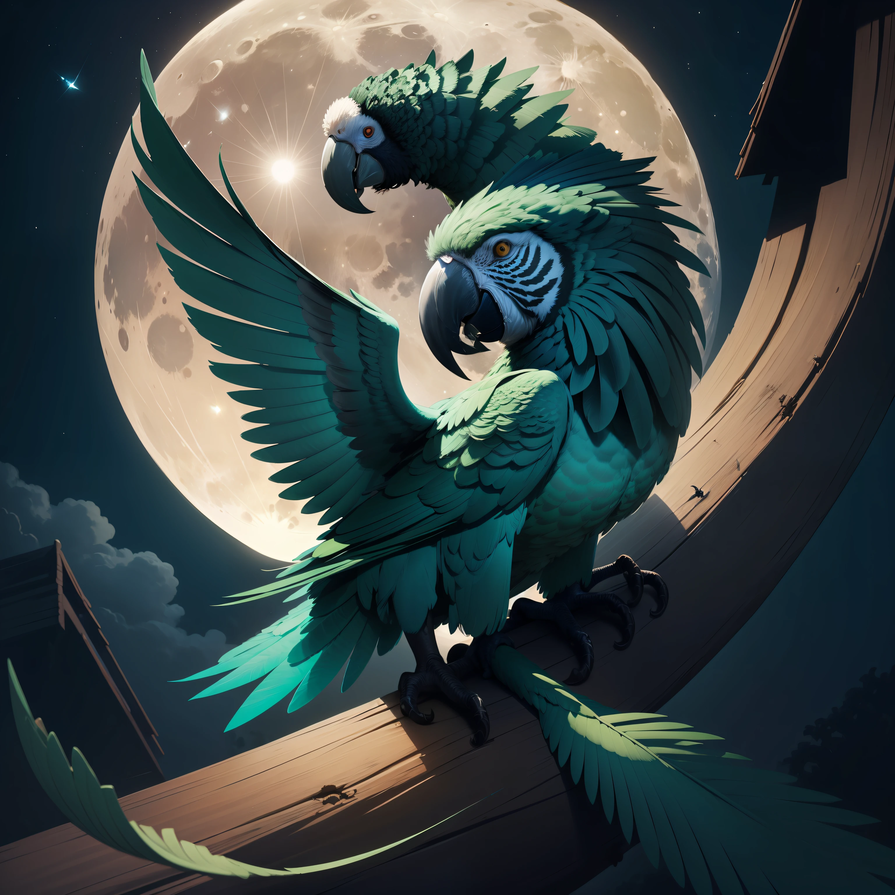 Full moon night and parrot flying