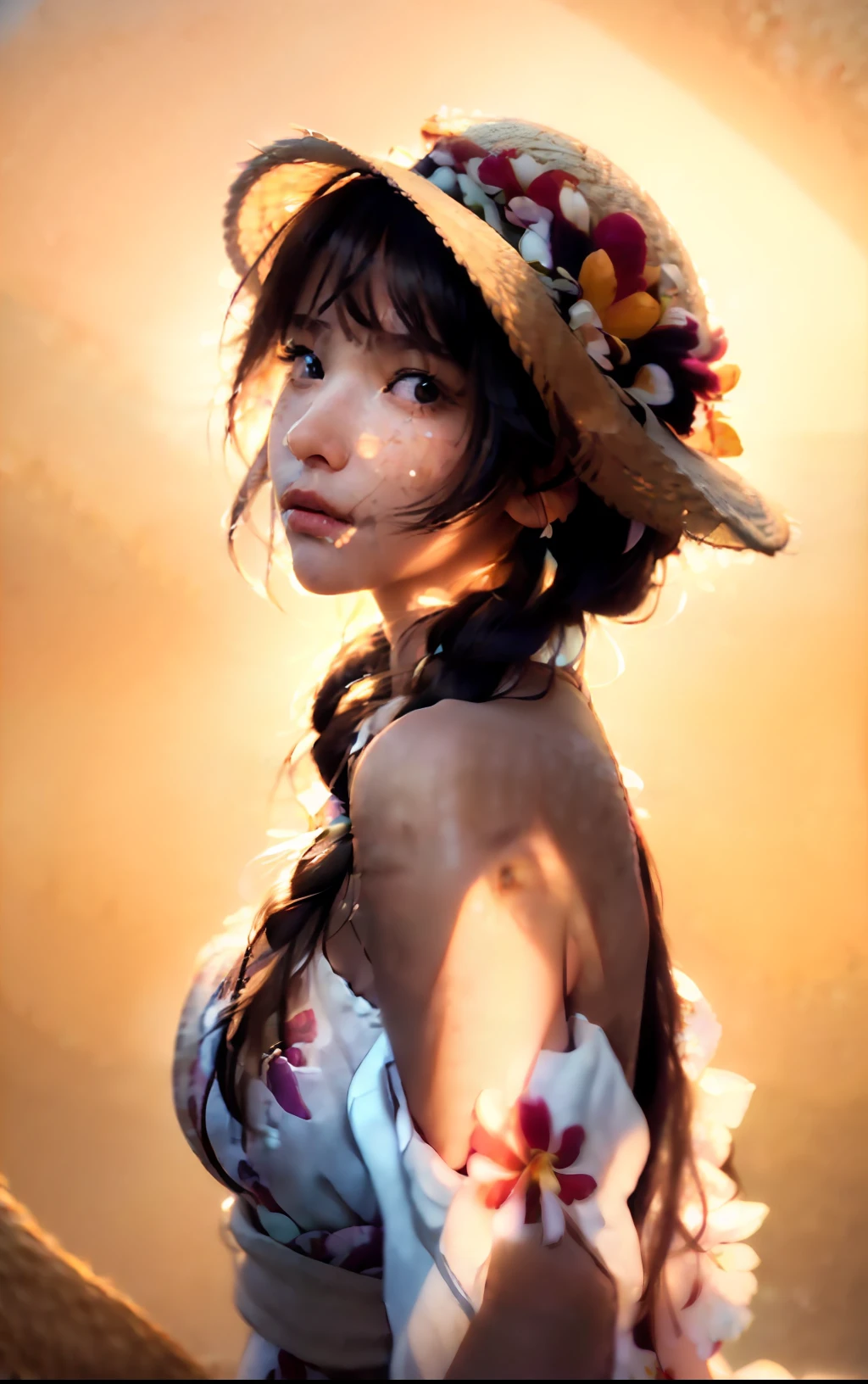 (extreme close up:1.5), (face focus:2),(Style of ???? ???:1.5),
((side face:2)),(1girl surrounded by soft_light:1.5), (backlighting:1.8), (lighting),(flowing fabric:1.3), ((Floral_summer_dress:1.5),(Straw_hat:1.3)),
(masterpiece), realistic, HDR, highly detailed, 8k, raw photo,
ambient occlusion, natural, harmonious composition, warm tones, fine art photography,