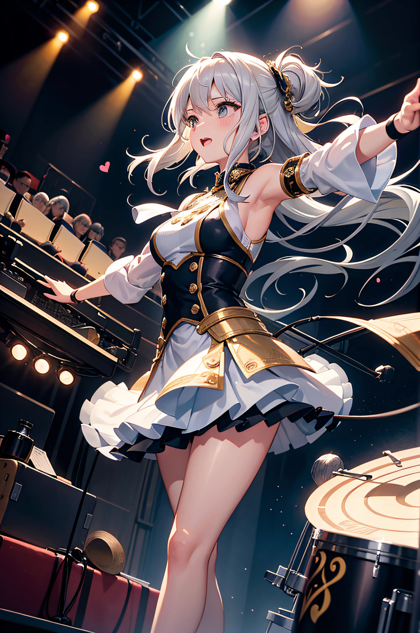 This illustration features a silver-haired girl with medium-length hair playing the drums on stage. She confidently swings the drumsticks, surrendering herself to the music. Her silver hair dances lightly as she exudes a vibrant and energetic presence while performing. The stage lighting illuminates her, and the cheers of the audience echo in the background. The illustration captures the magical moment when music fills the air through her drumming. Her passion and talent shine through the entire artwork, captivating the hearts of those who behold it.