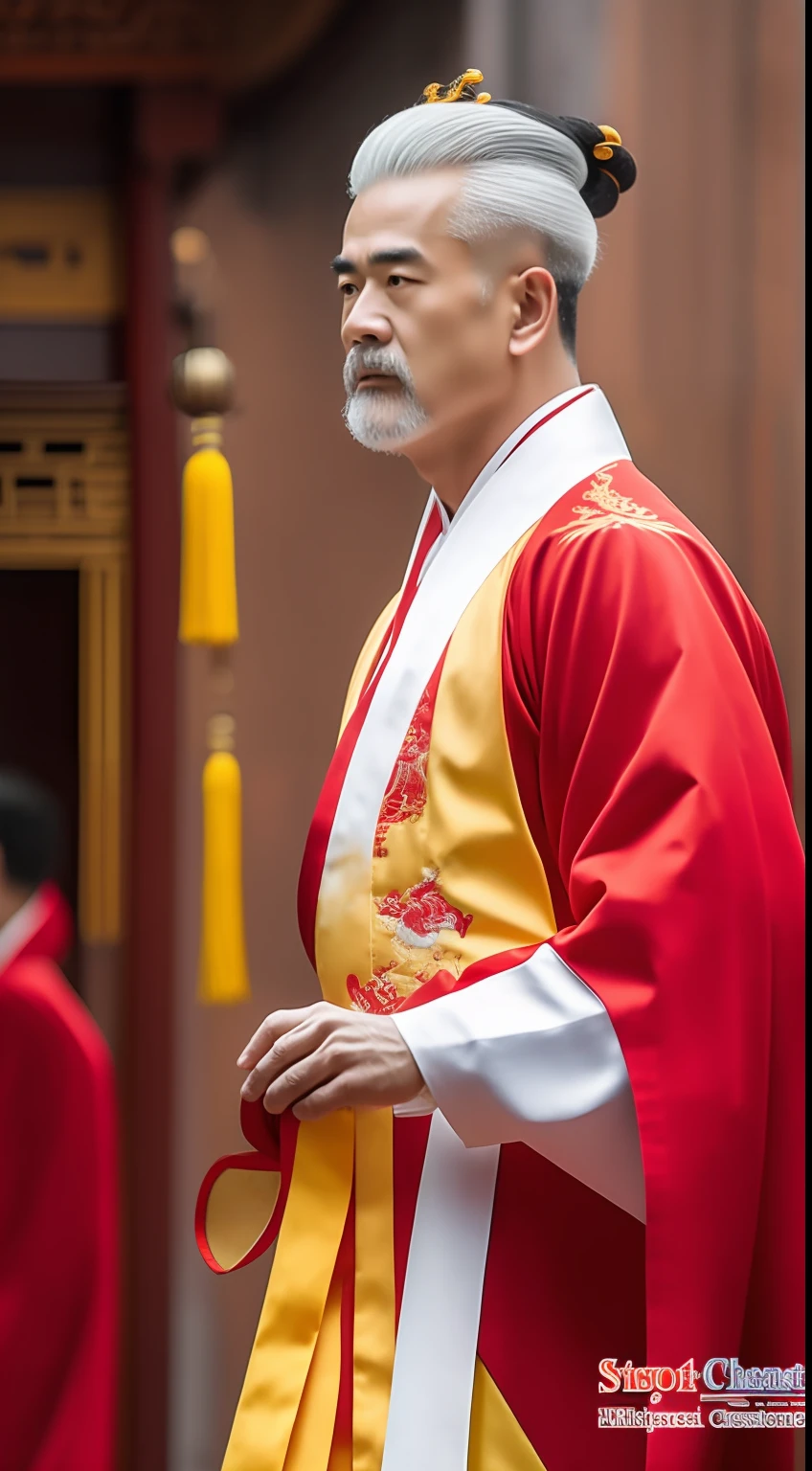 Masterpiece, Highest quality, (solofocus),, (High detail: 1.1),dojo,Red and yellow robes,The male, Man, chinese crown, 1人,and white hair,超高分辨率 , Detailed background, realisticlying, wearing a detailed and intricate xianxia antique outfit
