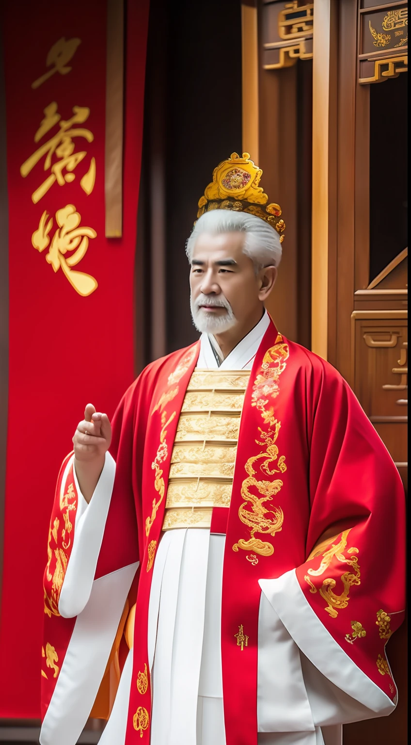 Masterpiece, Highest quality, (solofocus),, (High detail: 1.1),dojo，Red and yellow robes，The male， Man, chinese crown, 1人,and white hair,超高分辨率 , Detailed background, realisticlying, wearing a detailed and intricate xianxia antique outfit