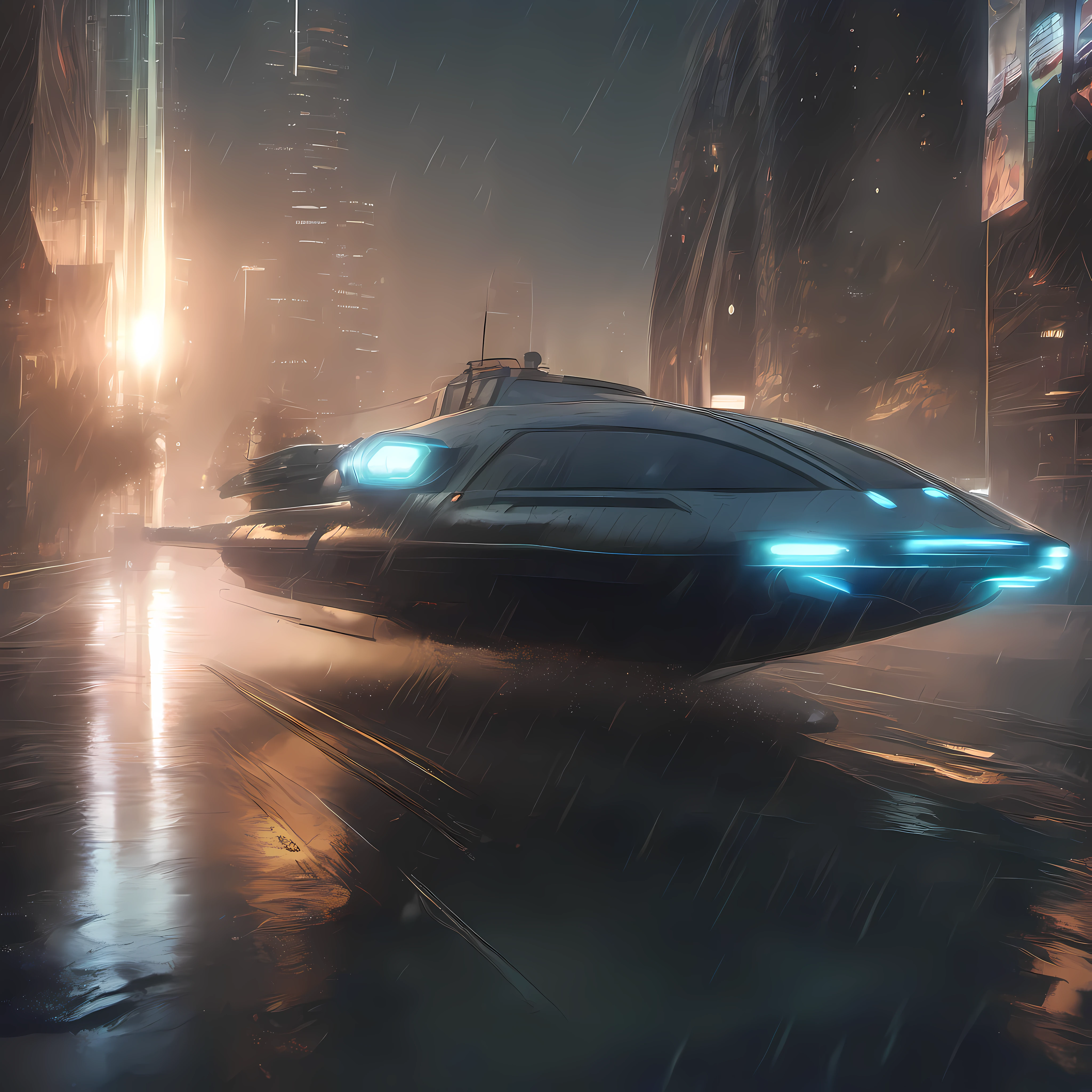 on a futuristic road with two thin bars of light bordering the street, a hovercraft flies by, floating and  speeding as water vaporizes under it from heat, raining out, sci fi futuristic scene, city, knee level shot, cinematic lighting, backlighting, dark, distinct outlines, crisp detail, well composed