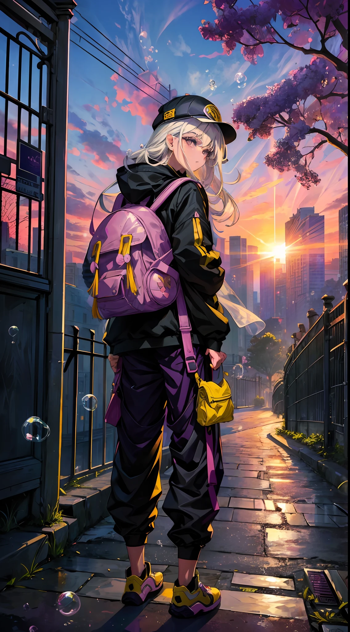 (Masterpiece), (Best Quality), (Extra Detail: 1.4), (Long white Hair), (Purple Eyes), (Bubble Gum), (Hip Hop Style), Purple Hat, long pants (Carrying Yellow Backpack),standing close up Iron Fence, One Hand Hanging Between Your Feet, the Other on Your Cheek, and the Sun Rising from Behind, city background