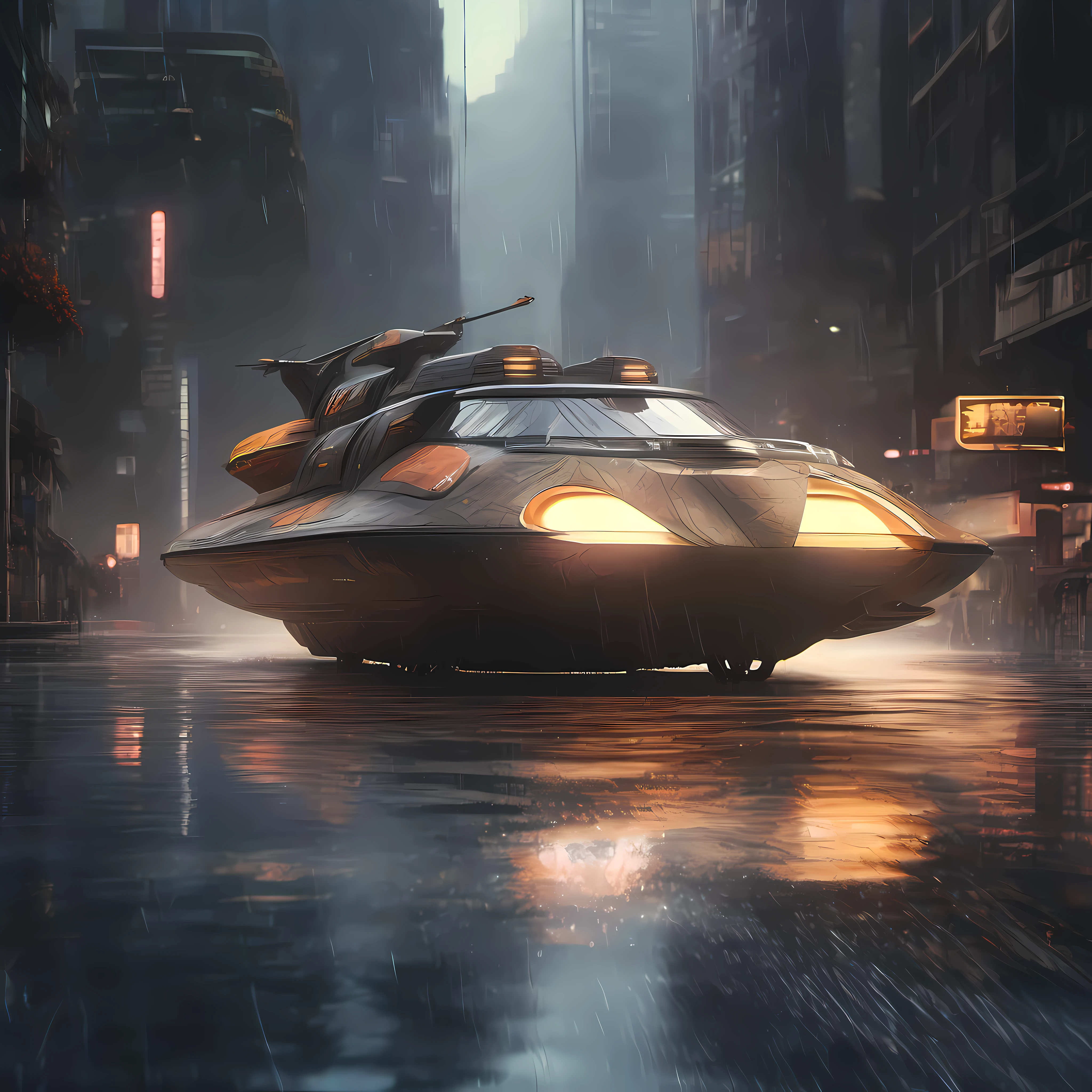 on a futuristic road with two thin bars of light bordering the street, a hovercraft flies by, floating and speeding as water vaporizes under it from heat, raining out, sci fi futuristic scene, city, knee level shot, cinematic lighting, backlighting, dark, distinct outlines, crisp detail, well composed