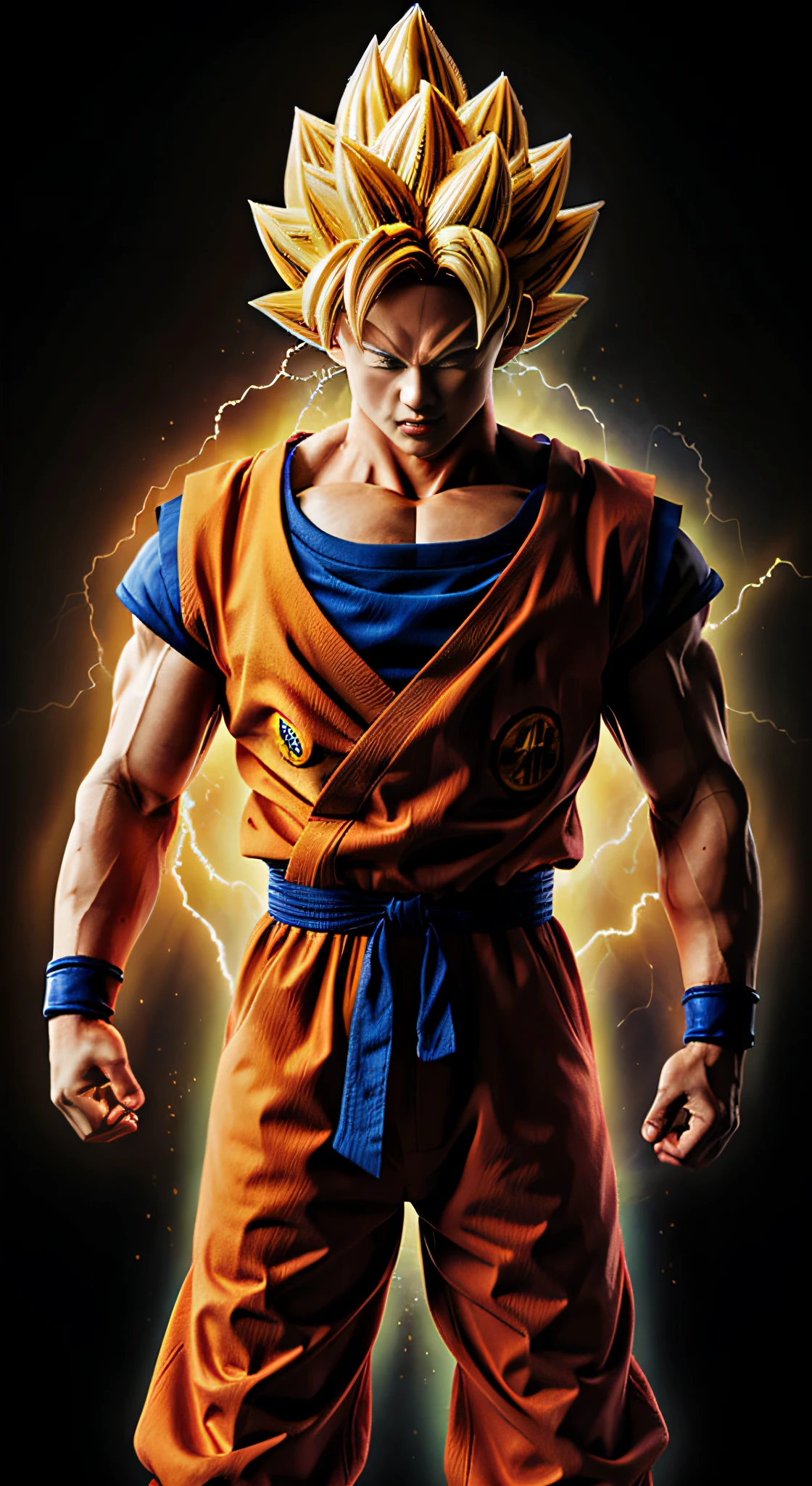 Obra-prima, Awesome, Realistic Goku Super Saiyajin, roupa do goku, olhos ferozes, olhos azuis, cabelos dourados, soltando um kamehameha, energia em volta, rosto realista e humanizado, rosto humanizado e detalhado, Ki em volta, Thunder and destruction