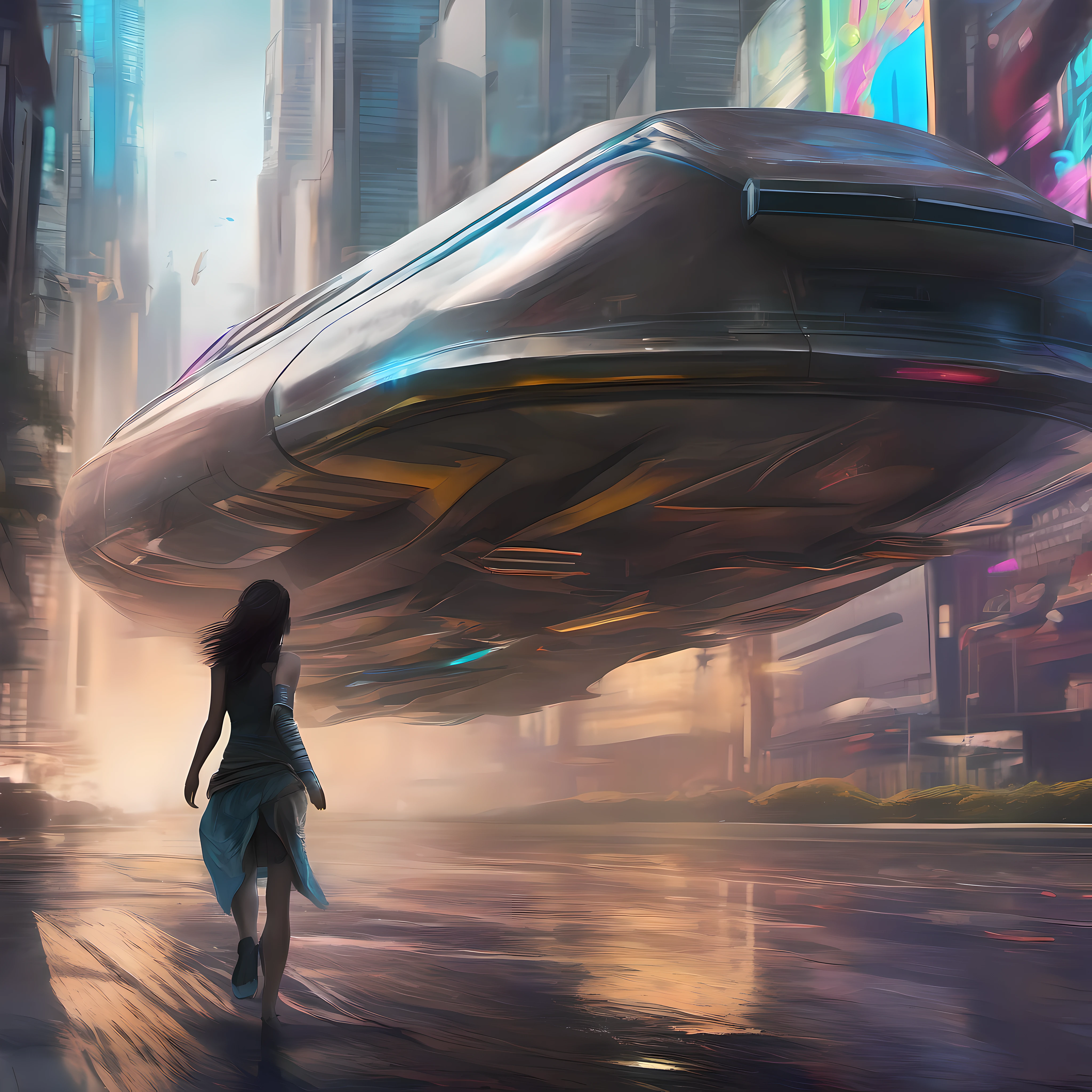 a brunette female running across the street to an open door on small angular luxury hovercraft, futuristic road with two thin bars of light bordering the street, tall and colorful buildings all around reflecting from the asphalt, water vaporizes under hovercraft from heat, raining out, sci fi futuristic scene, city, knee level shot, cinematic lighting, backlighting, dark