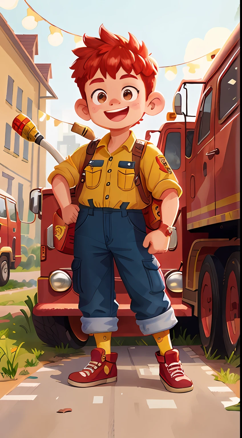 Fire fighter, truck, smile, Watercolor, full body view, perfect quality, (masterpiece: 1.2)  (Bokeh background) (Best quality) (Detailed Skin: 1.3) (Intricate Details) (8K) (Detail Eyes) (Sharp Focus), (Happy), best lighting