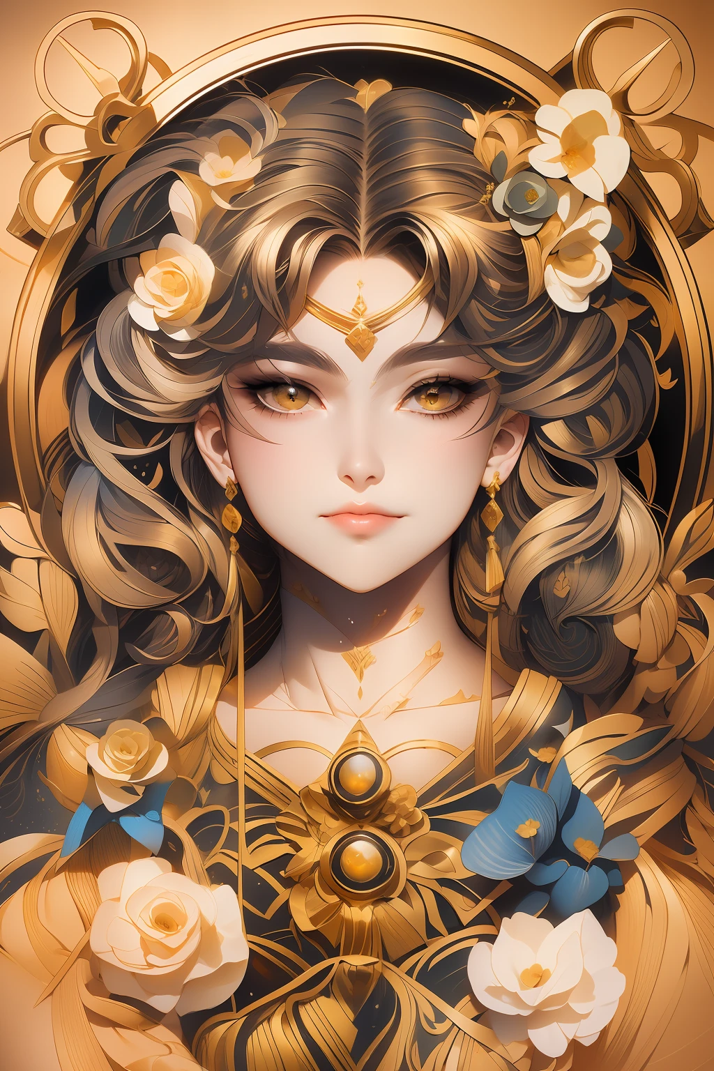 a drawing of a woman with long hair and a flower in her hair, portrait knights of zodiac girl, beautiful line art, ((a beautiful fantasy empress)), masterpiece goddess of sorrow, the sailor galaxia. beautiful, goddess. extremely high detail, high detailed official artwork, highly detailed exquisite fanart, extremely detailed goddess shot, detailed key anime art, knights of zodiac girl