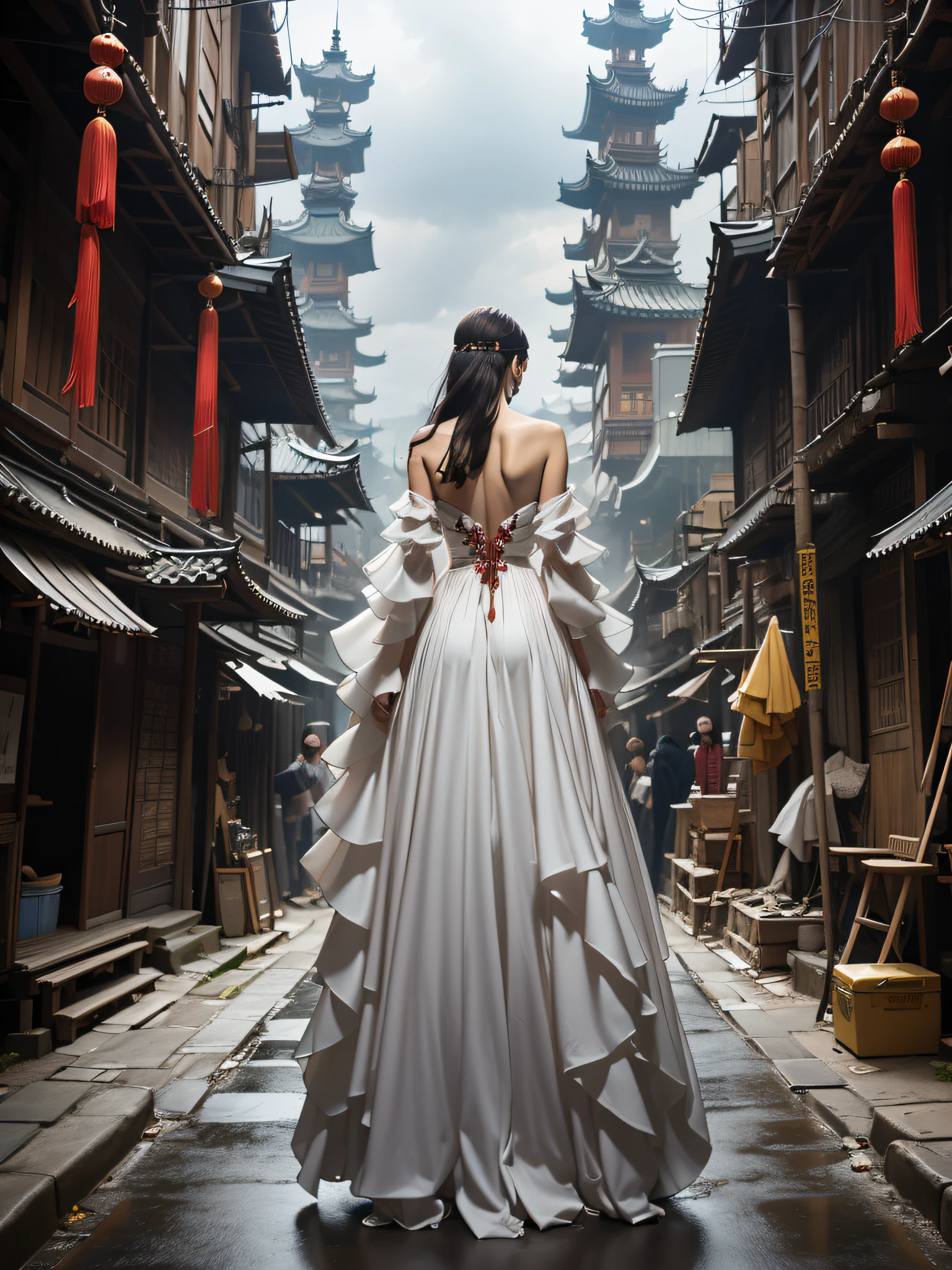 1 haute couture model dressed in exquisite Hanfu,Alexander McQueen, With his back to the camera, Stand in a bustling metropolis of futuristic architecture. This was filmed by Andreas Gursky《vogue》Normal proportions of the whole body,The full-body photo blends Chinese tradition with modernity,真实感,Ultra-clear resolution