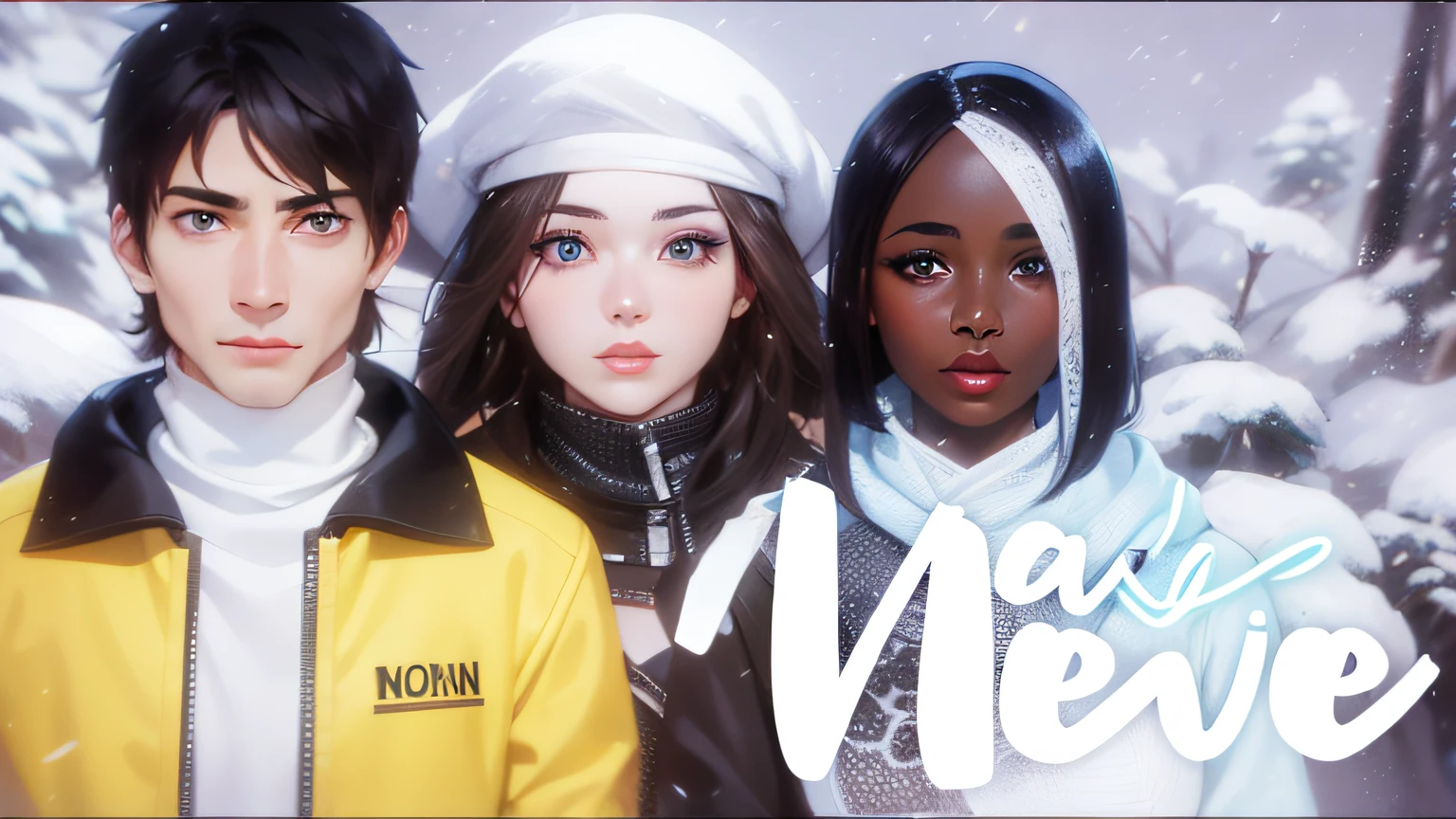don't change the characters , just make the image sharper, takes into account that the last character is a black African woman with short hair and black with a white lock, and the second is a woman with blue eyes and brown hair with a white cold hat