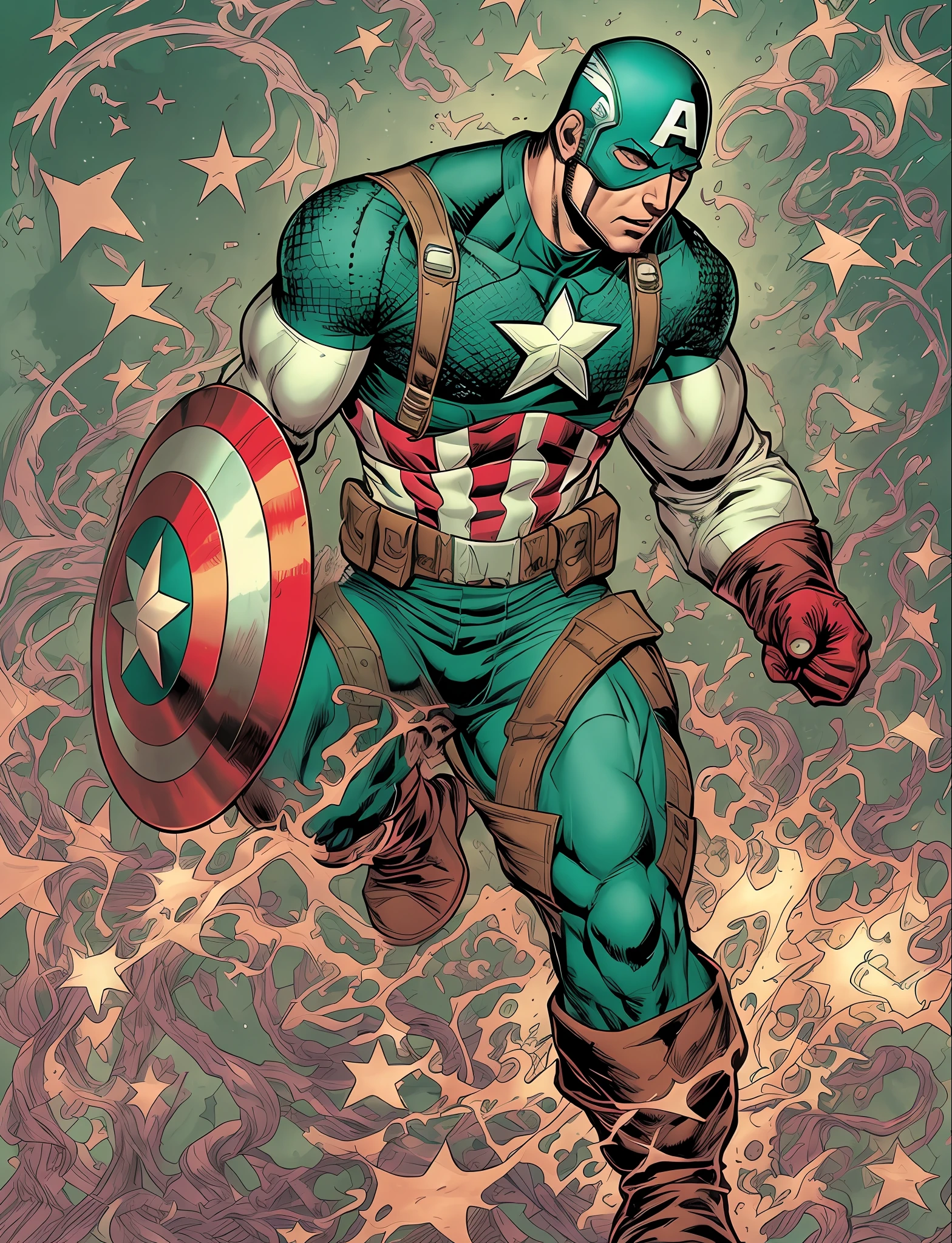 Captain America , empunhando o escudo, corpo astral, 1 homem, Chaotic atmosphere, Marvel Quadrinhos