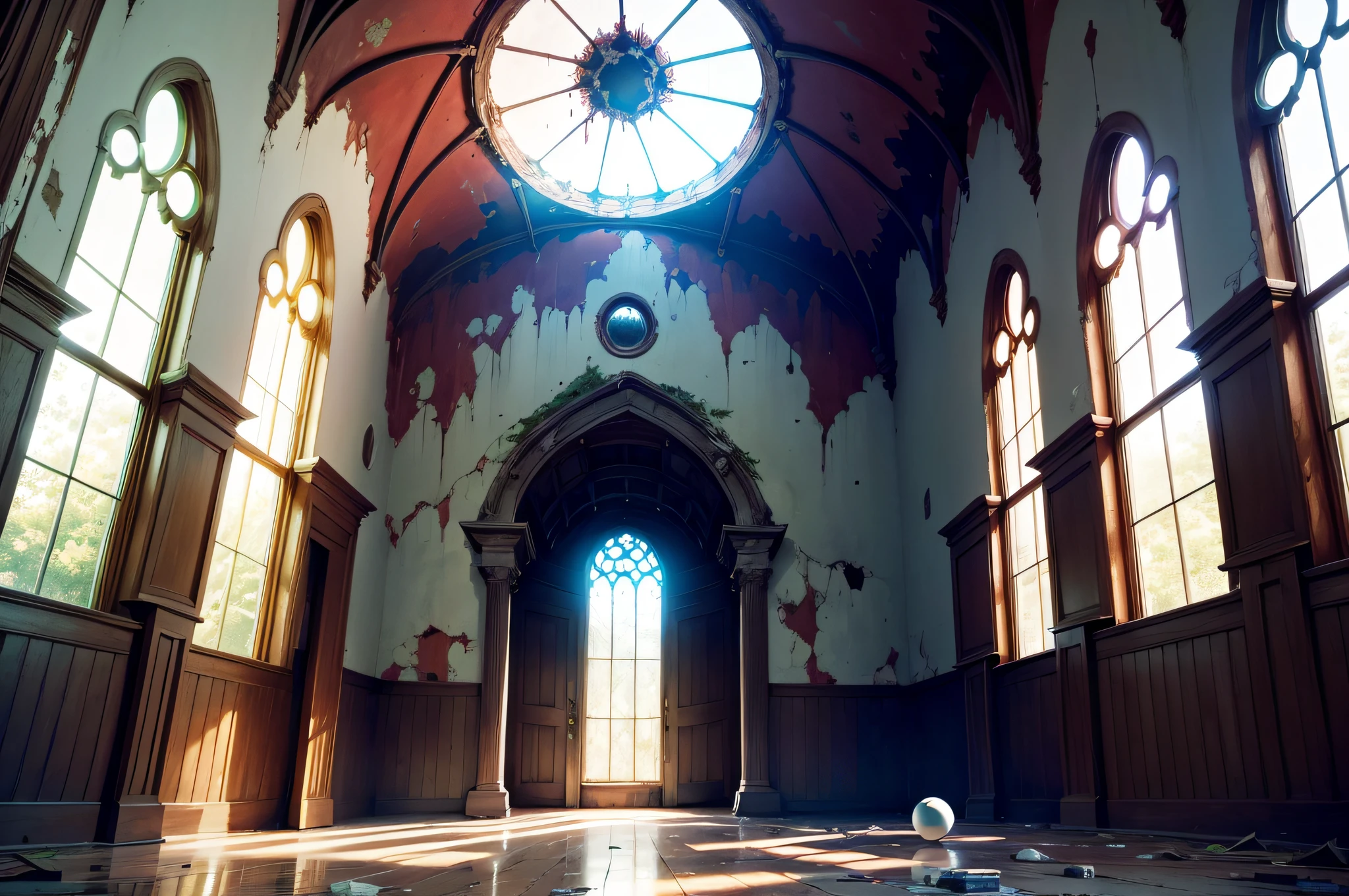 Beautiful gloomy abandoned dilapidated church, colored stained-glass windows, A large cross hangs from the ceiling, The vibrant, A thin beam of sunlight falls on the floor, A ball lightning hangs in the center