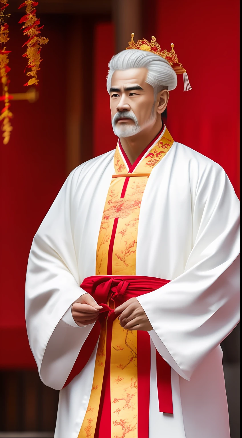 Masterpiece, Highest quality, (solofocus),, (High detail: 1.1),dojo,Red and yellow robes,The male, Man, chinese crown, 1人,and white hair,超高分辨率 , Detailed background, realisticlying, wearing a detailed and intricate xianxia antique outfit