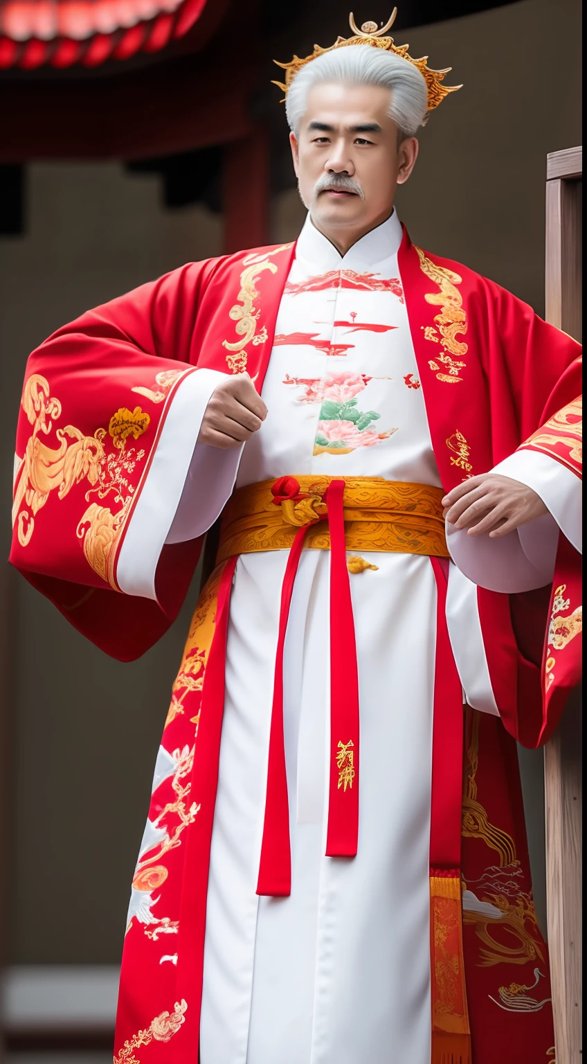 Masterpiece, Highest quality, (solofocus),, (High detail: 1.1),dojo,Red and yellow robes,The male, Man, chinese crown, 1人,and white hair,超高分辨率 , Detailed background, realisticlying, wearing a detailed and intricate xianxia antique outfit