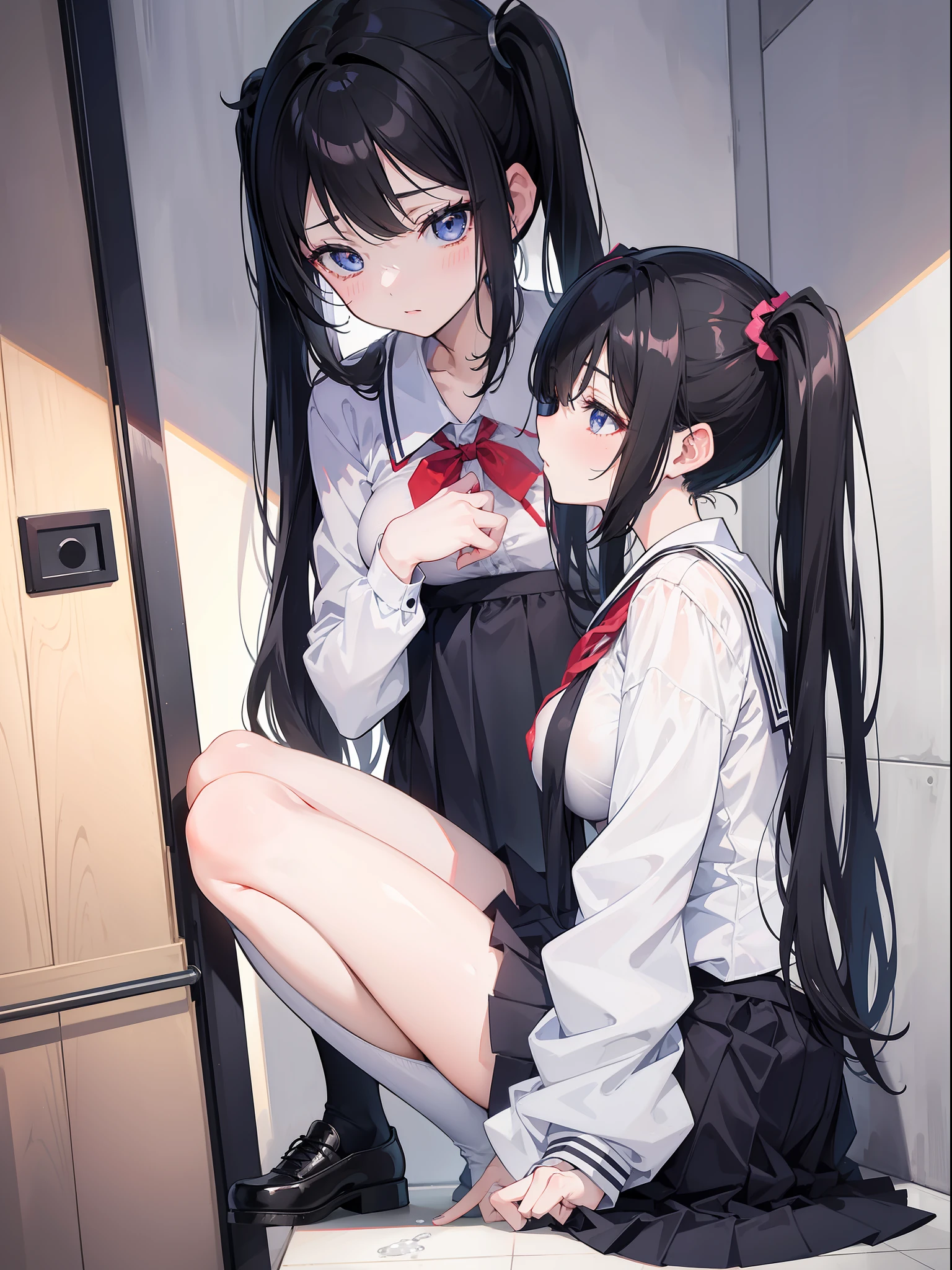 Anime girl, wearing school uniform, black hair, pigtails hair, showing boobs and pussy full of cum, got raped in a bathroom