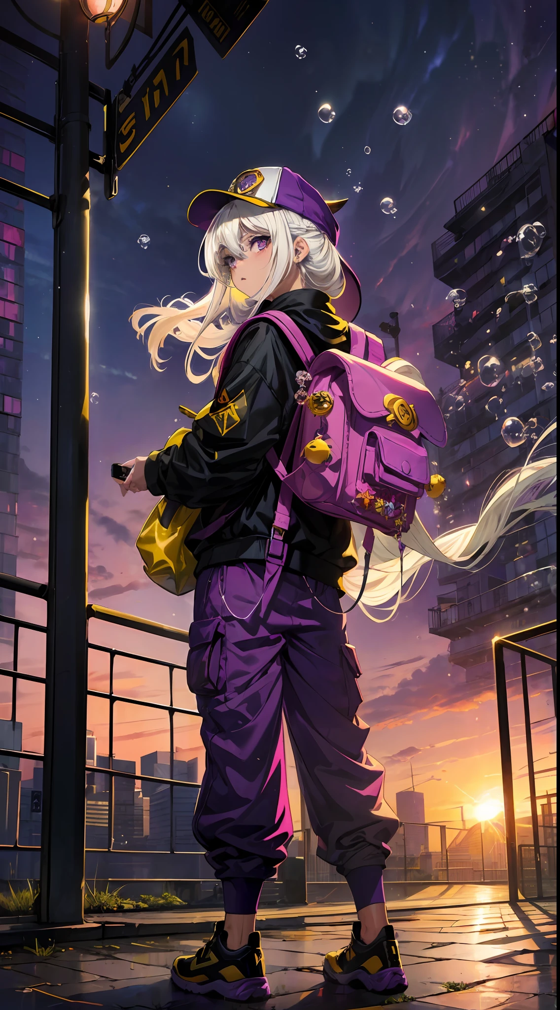 (Masterpiece), (Best Quality), (Extra Detail: 1.4), (Long white Hair), (Purple Eyes), (Bubble Gum), (Hip Hop Style), Purple Hat, long pants (Carrying Yellow Backpack),standing close up Iron Fence, One Hand Hanging Between Your Feet, the Other on Your Cheek, and the Sun Rising from Behind, city background
