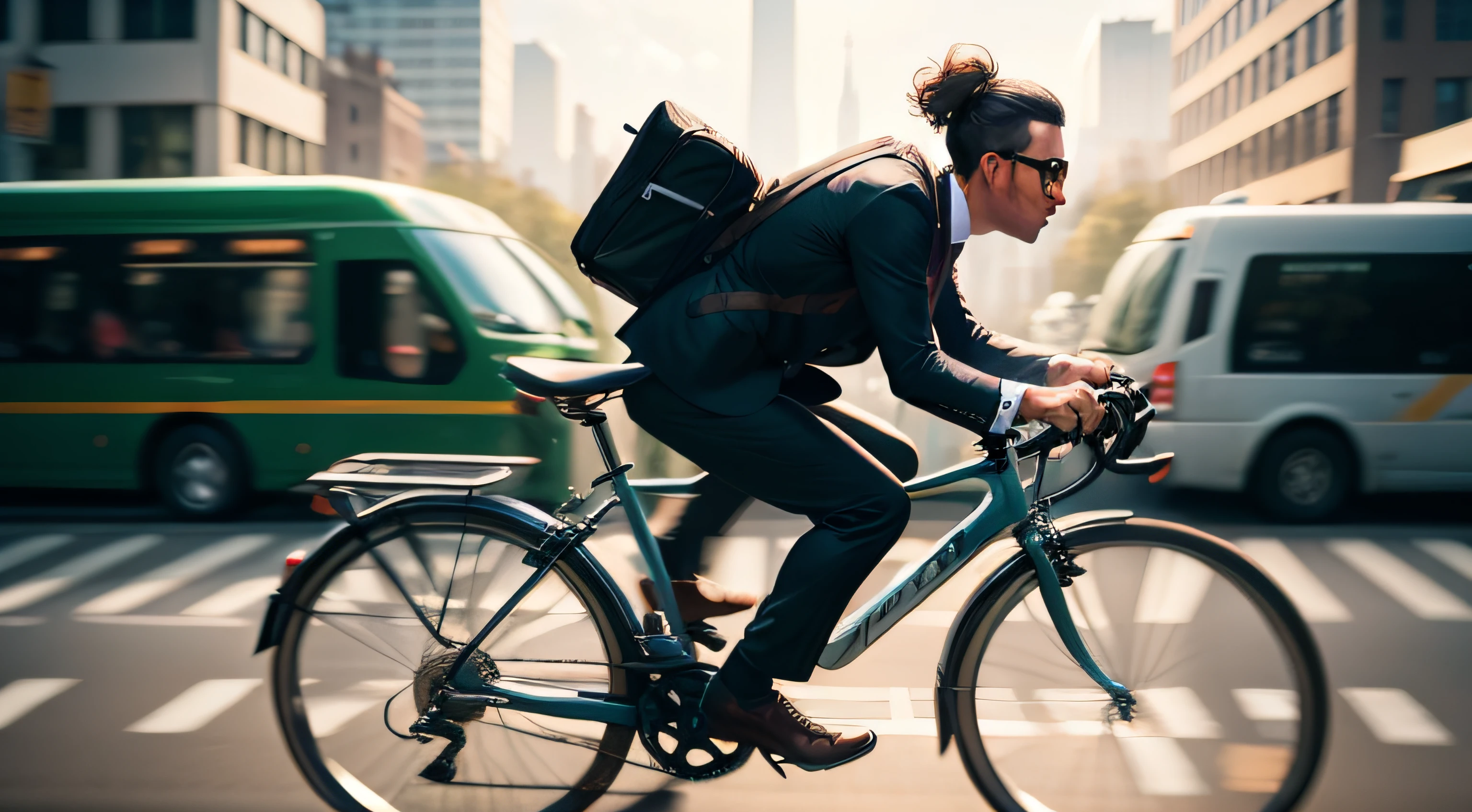 Morning commute: A bustling cityscape with a bicycle-riding businessman in motion.