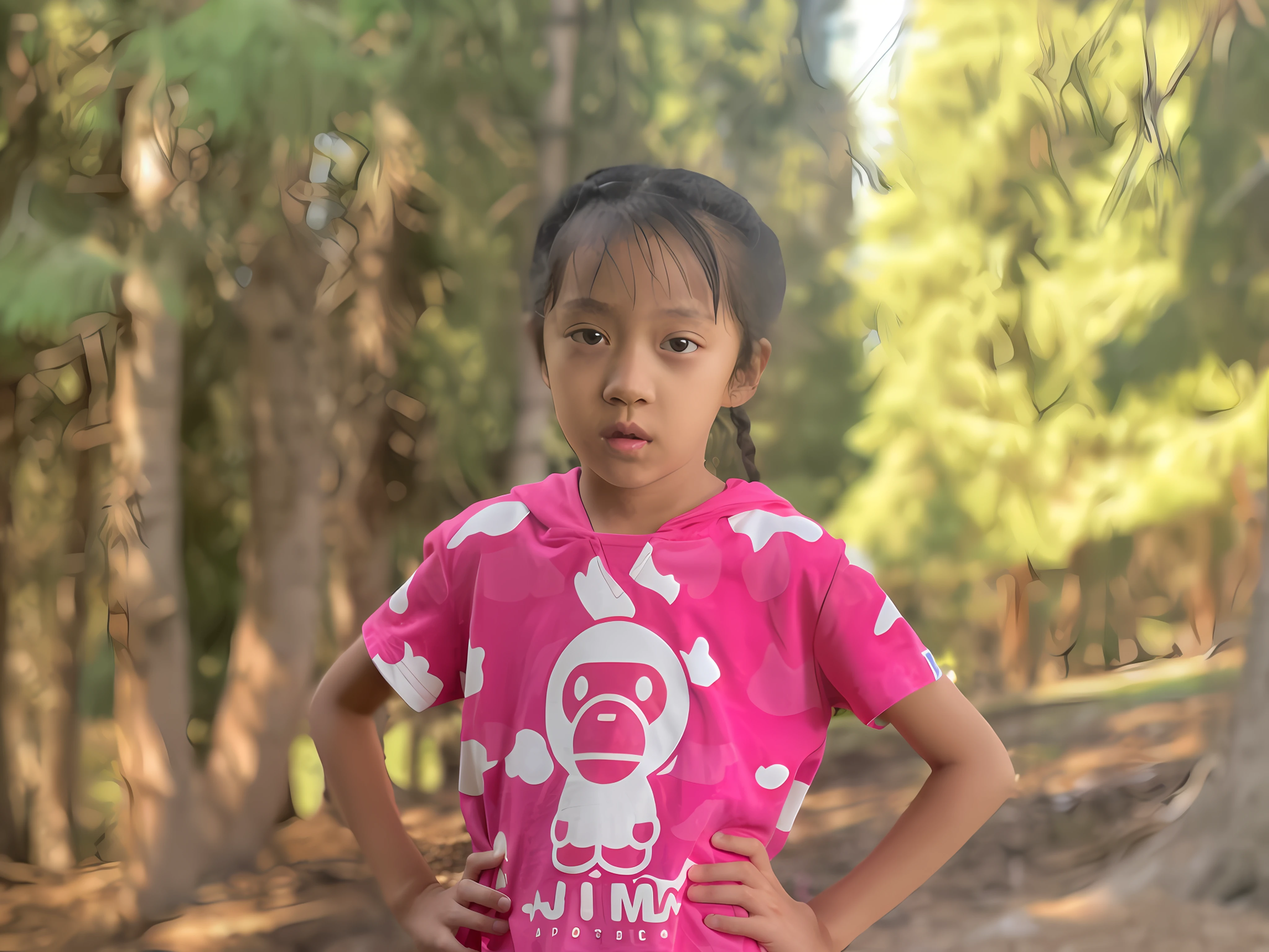 A young girl stood in the woods,Cross your hands at the waist, kid, in front of a forest background, Young Asian girl, in pink forest, photo of Girl, Avatar image, jinyiwei, at a forest, jia, young girl, xision wu, Li Zixin, Asian girl, xintong chen, zhelong xu