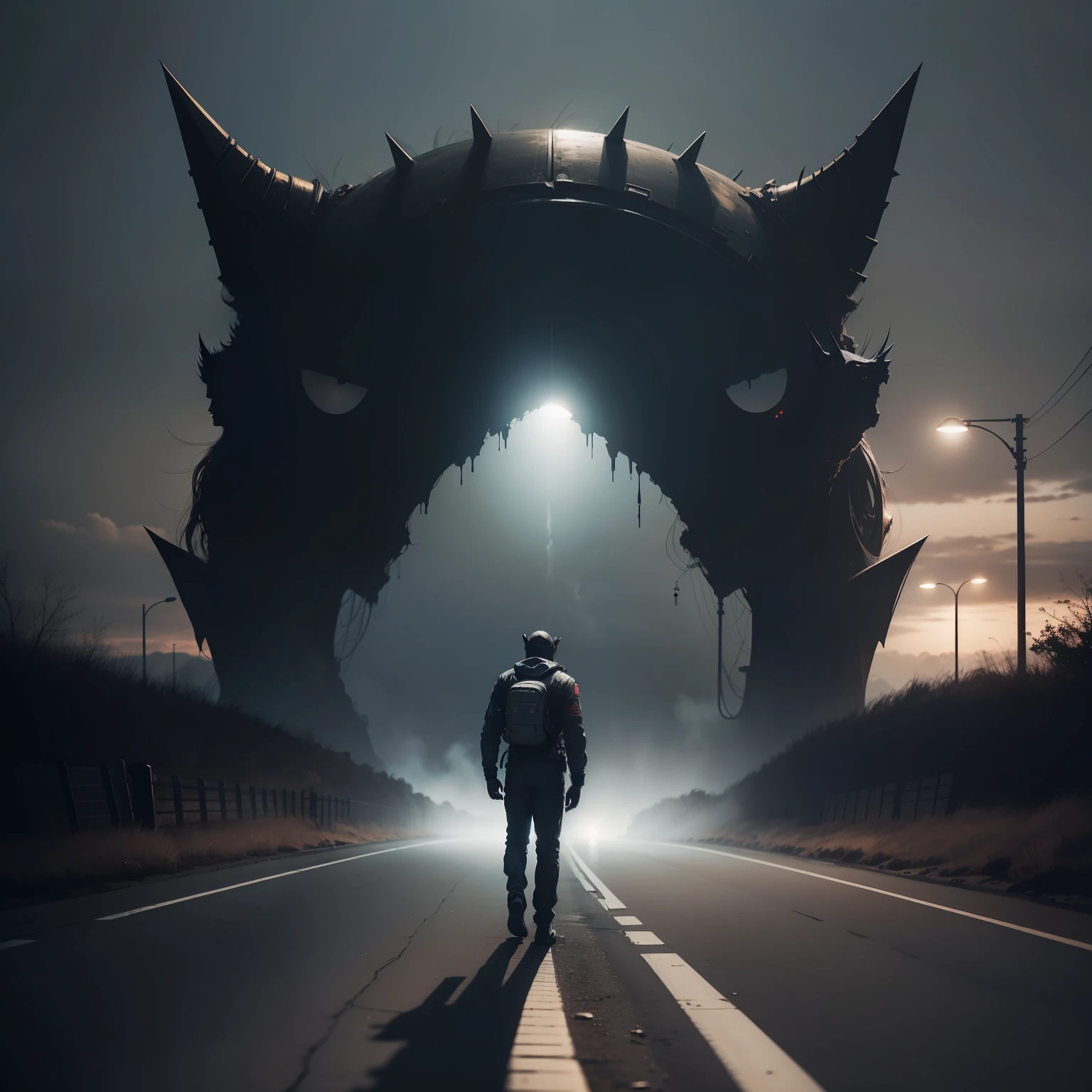 The dark demon came from the darkness,It came down the road,There are dead astronauts praying