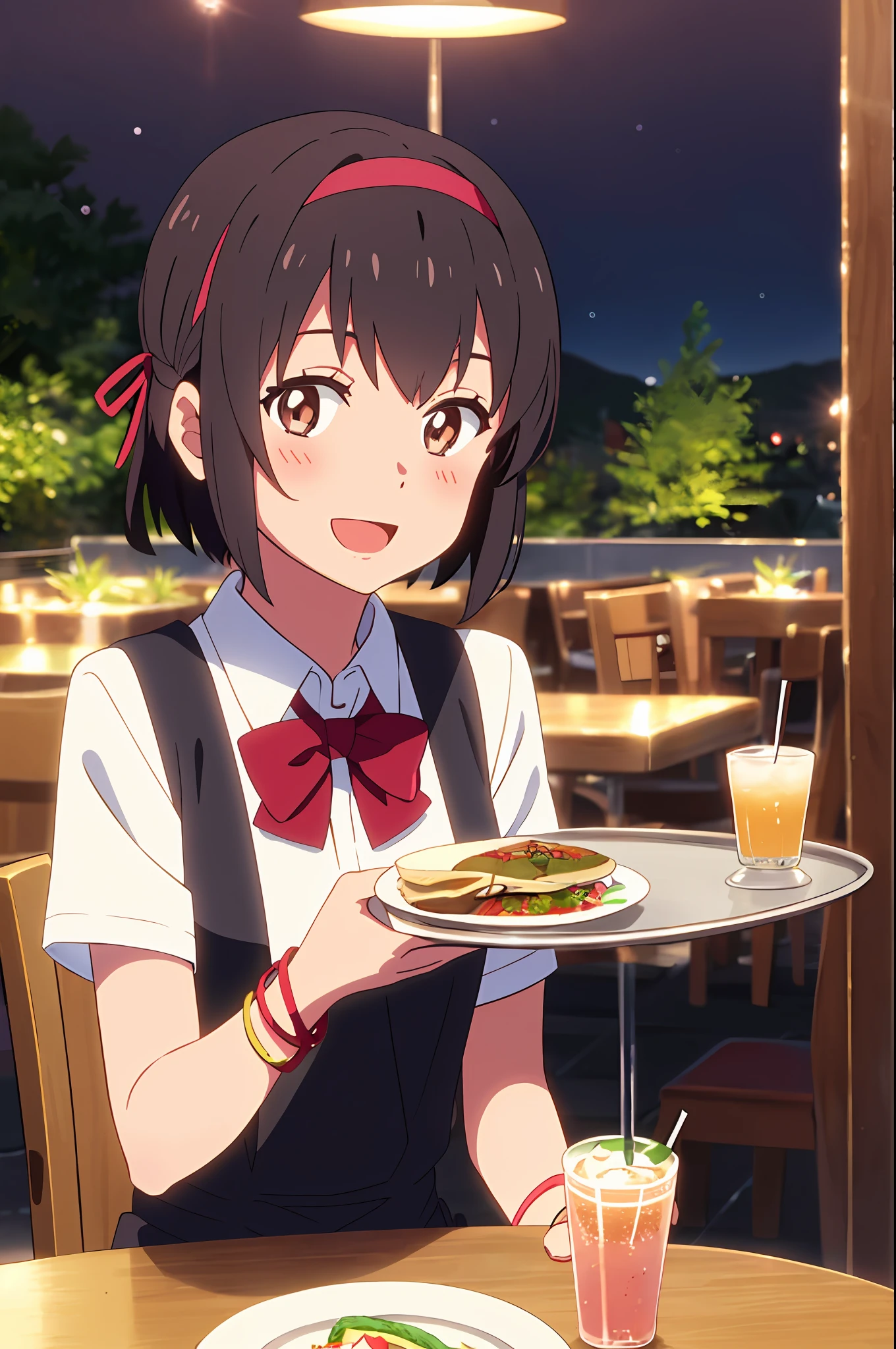 shinkai makoto, kimi no na wa., 1girl, 1boy, bangs, black hair, brown eyes, blush, Suspender Clothes, red bow, red headband, red ribbon, short hair, looking at the viewer, cute, smile, open mouth, :D, couple, sitting, short sleeves, bracelet, night, dynamic lights, indoors, cafe, resto, foods, drinks, table and chair, tray, tray in one hand