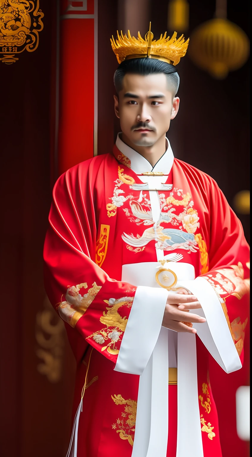 Masterpiece, Highest quality, (solofocus),, (High detail: 1.1),dojo,Red and yellow robes,The male, Man, chinese crown, 1人,and white hair,超高分辨率 , Detailed background, realisticlying, wearing a detailed and intricate xianxia antique outfit