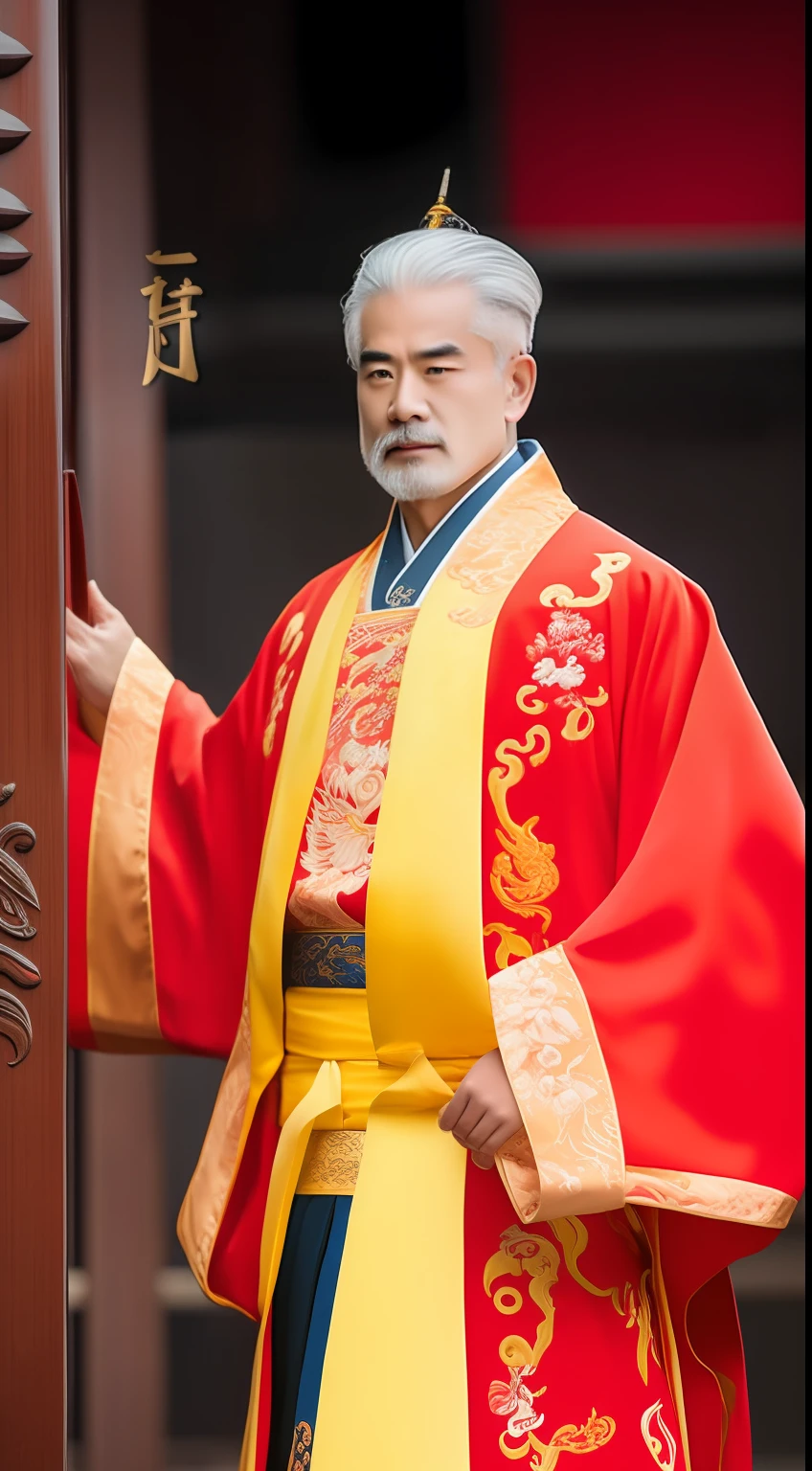Masterpiece, Highest quality, (solofocus),, (High detail: 1.1),dojo，Red and yellow robes，The male， Man, chinese crown, 1人,and white hair,超高分辨率 , Detailed background, realisticlying, wearing a detailed and intricate xianxia antique outfit