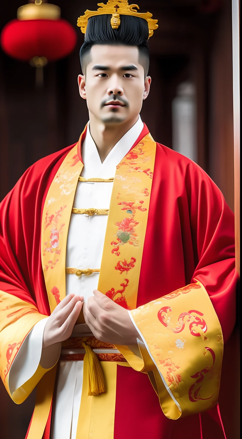 Masterpiece, Highest quality, (solofocus),, (High detail: 1.1),dojo，Red and yellow robes，The male， Man, chinese crown, 1人,and white hair,超高分辨率 , Detailed background, realisticlying, wearing a detailed and intricate xianxia antique outfit
