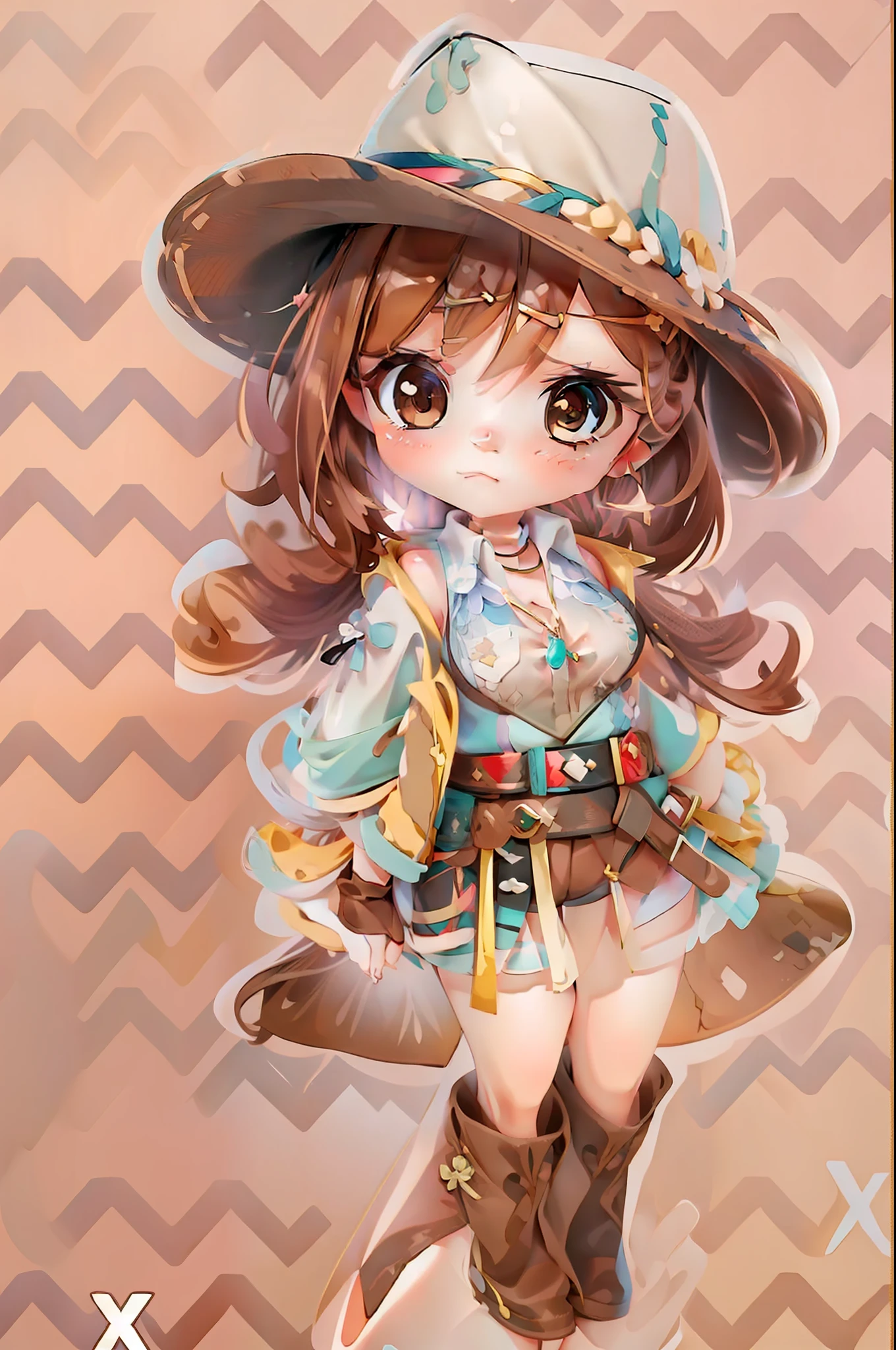1girl, masterpiece, best quality, chibi, looking at viewer, cowboy shot, reisalin,  standing,brown hair, brown eyes, solo, hairclip, earrings, jewelry, short_hair, white_headwear, hat, hair_ornament, brown_gloves, necklace, x hair ornament, braid,