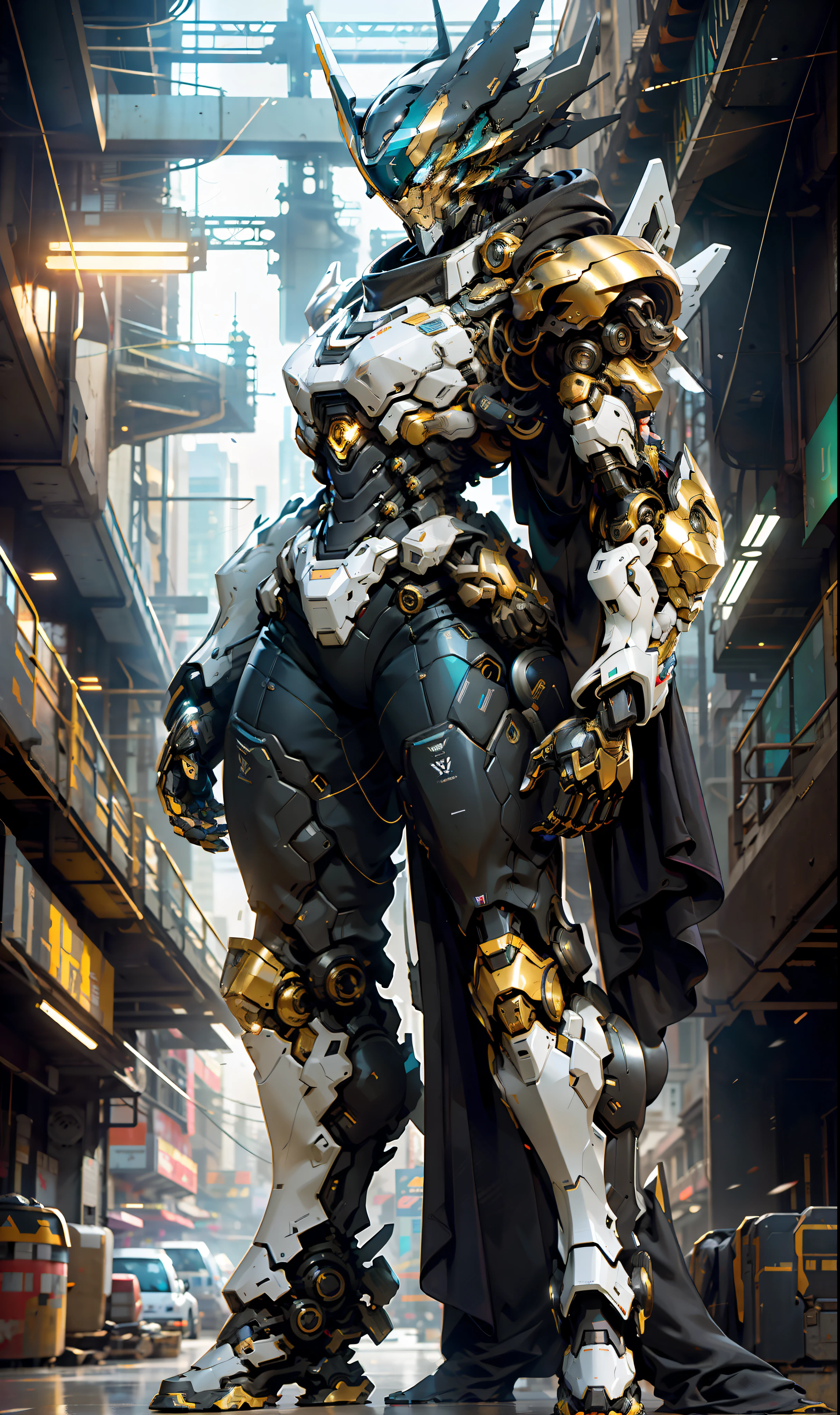 1 woman inside a huge bulky exoskeleton robot , ((bulky)) armor, crystal mecha, psychedelic details,
9d,(city war background), clean lines, negative space, high contrast, gradient color, (golden black),show full body portrait , best images quality, perfect resolution, moody, sharp focus