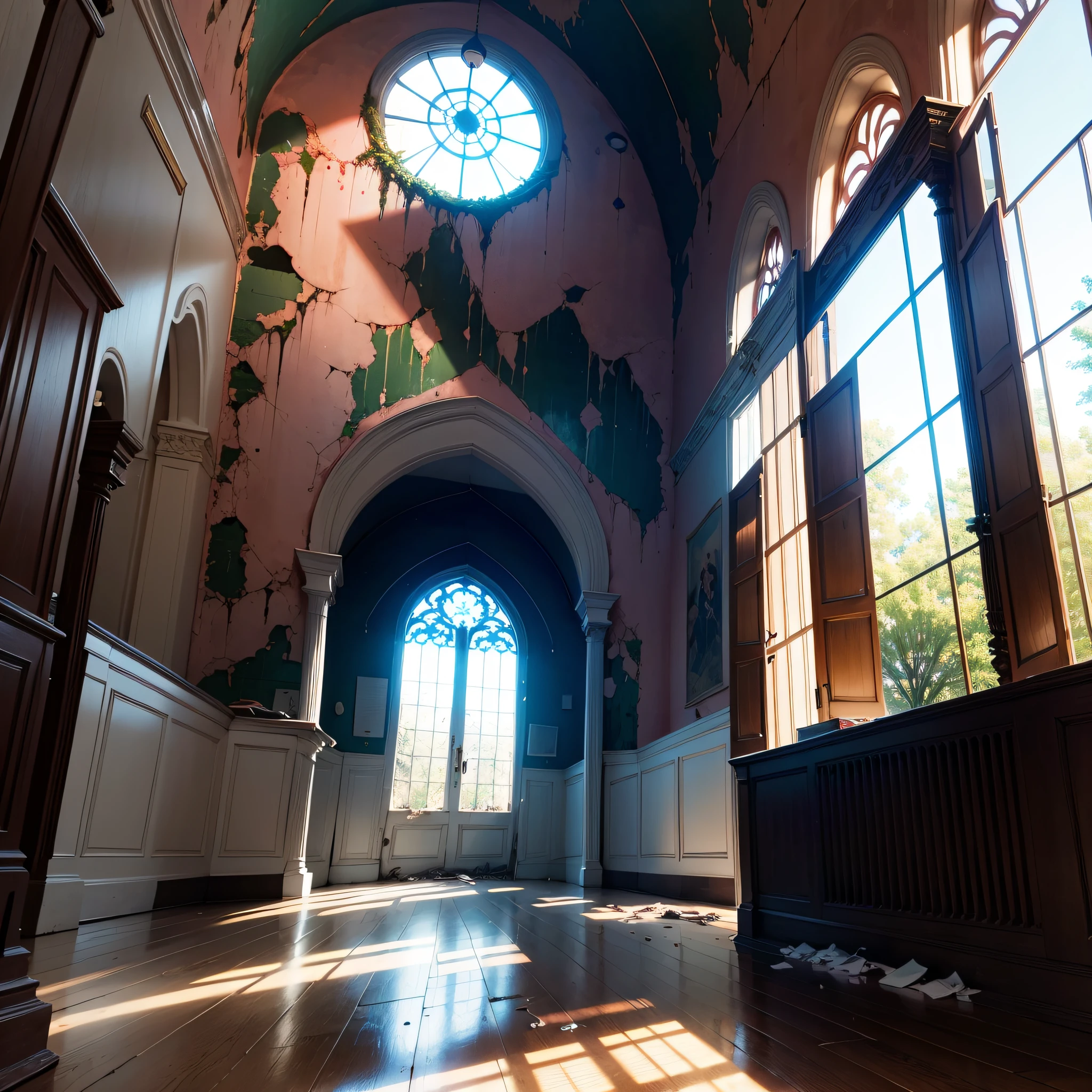Beautiful gloomy abandoned dilapidated church, colored stained-glass windows, A large cross hangs from the ceiling, A bright thin ray of sunlight falls on the floor, A ball lightning hangs in the center