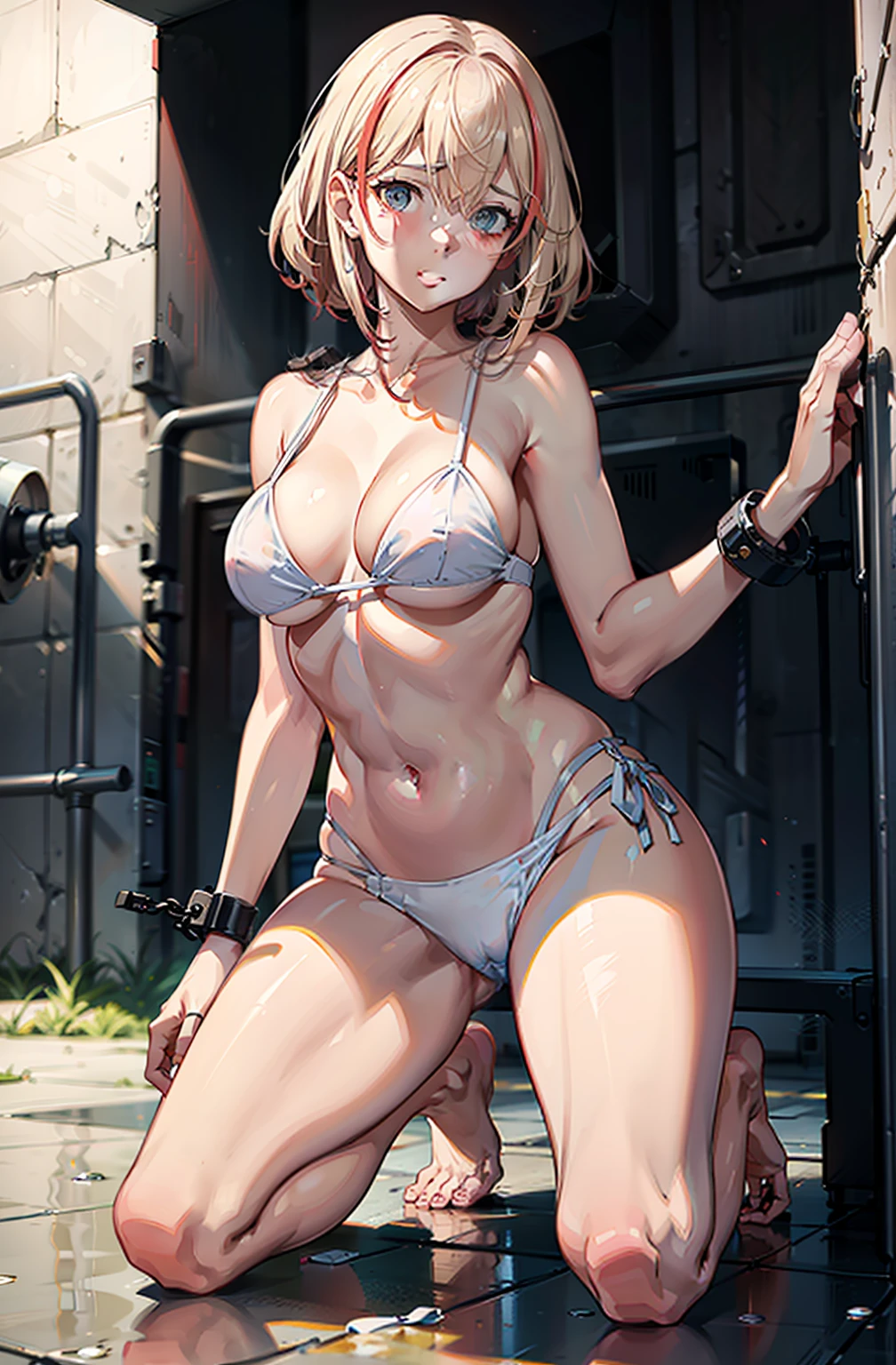 1girll,tmasterpiece,8K,Half realistic,4K,RTX,Shaders,inside of prison,Girl in handcuffs,Incarcerated age girls,brilliant texture work,White bikini swimsuit,kneeling to sitting on the ground,Stroke the girl's belly,Poke the girl's navel with your hand,fearful expression,Reluctant expressions